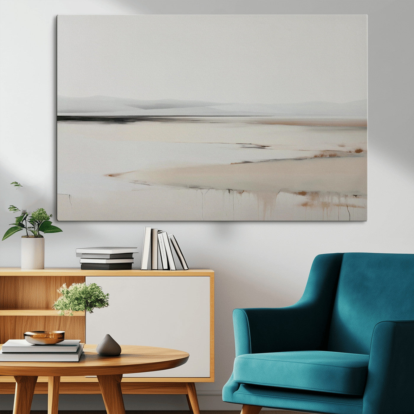 89410095-MGV-CV-36X24-Minimalist Landscape Wall Art Canvas Print – Framed Soft Horizon Abstract Seascape Earthy Tones Artwork for Home Office