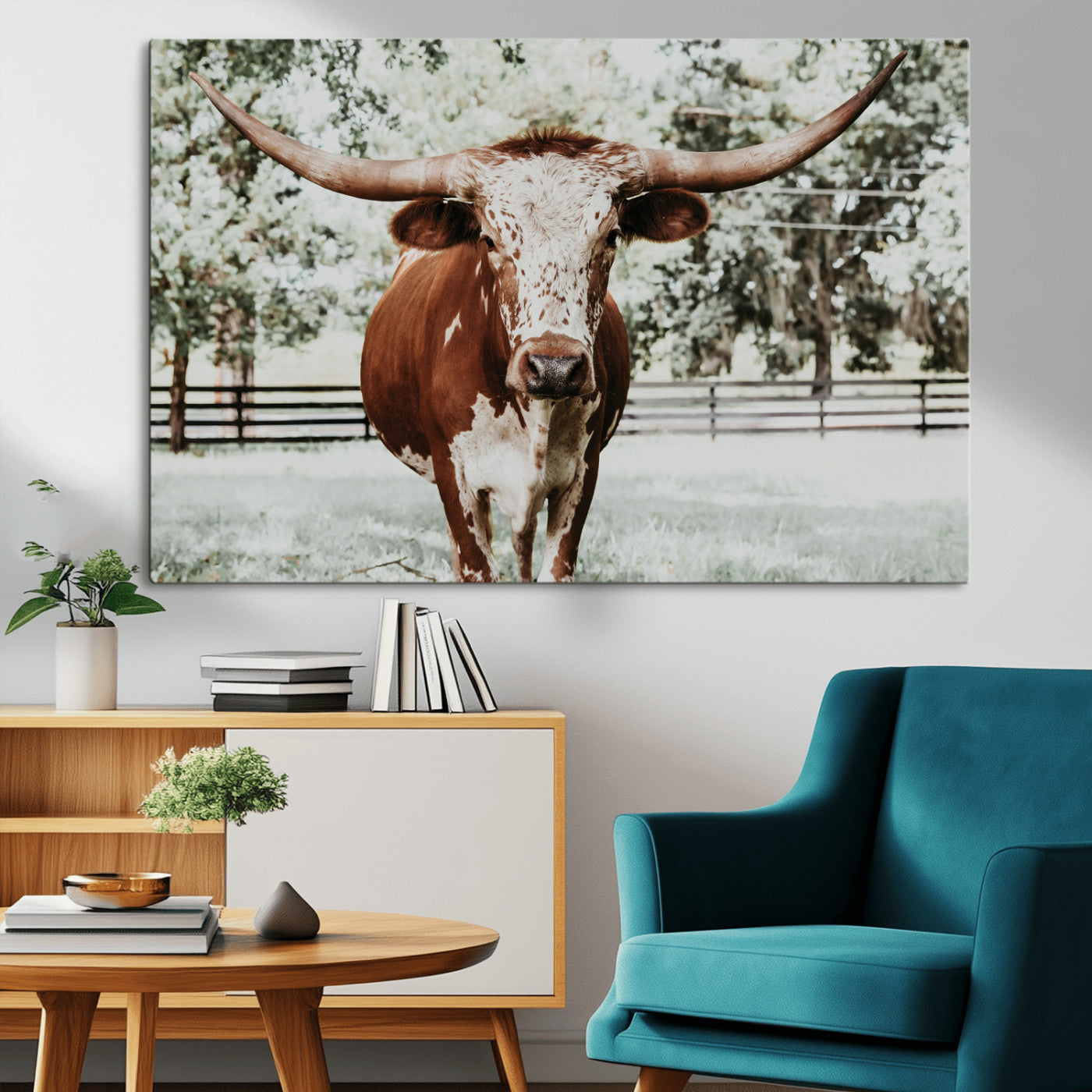 -Texas Longhorn Wall Art Canvas Print, Framed Spotted Cow Art Picture Print, Horned Cattle Perfect Rustic Western Decor Artwork