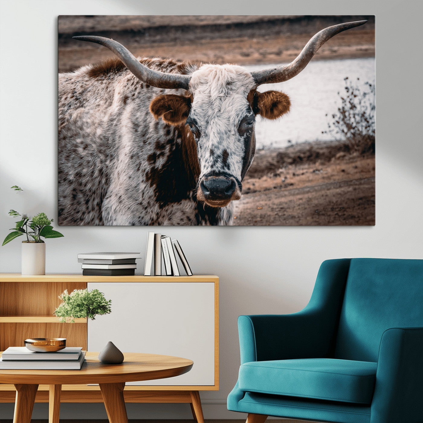 -Texas Longhorn Wall Art Canvas Print, Framed Spotted Cow Art Picture Print, Horned Cattle Perfect Rustic Western Decor Artwork