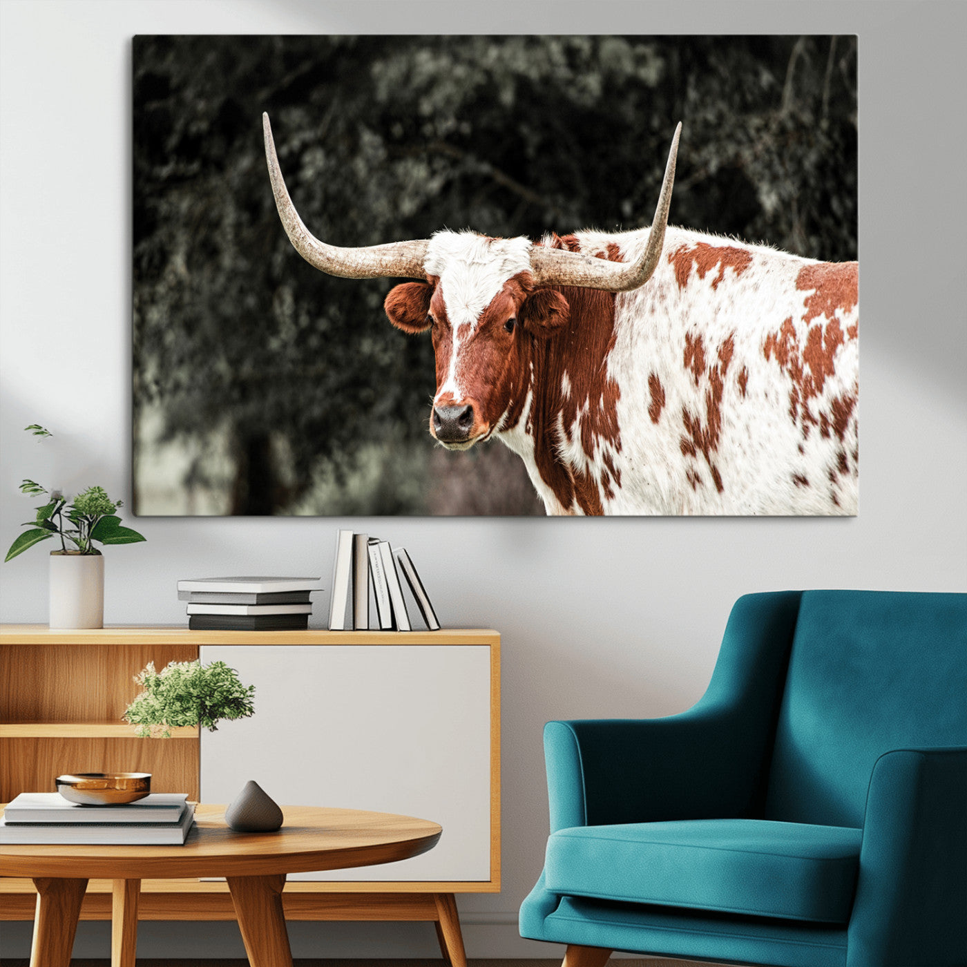 -Texas Longhorn Wall Art Canvas Print, Framed Spotted Cow Art Picture Print, Horned Bull Perfect Rustic Western Decor Artwork