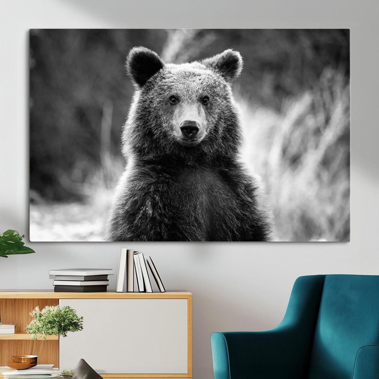 55656803-MGV-CV-36X24-Grizzly Bear Wall Art Canvas Print – Framed Black White Wildlife Rustic Nature Artwork for Home, Office Decor