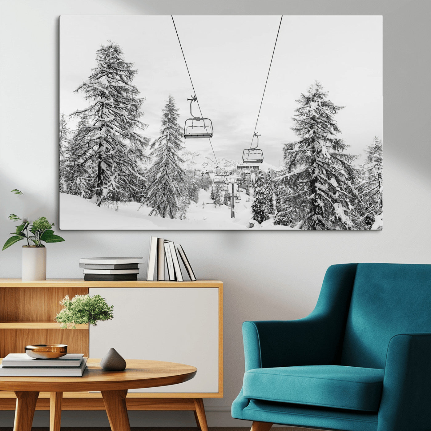 55003599-MGV-CV-36X24-Ski Lift Wall Art – Framed Snowy Mountain Canvas Artwork, Winter Forest Design, Minimal Nature Decor for Home, Office