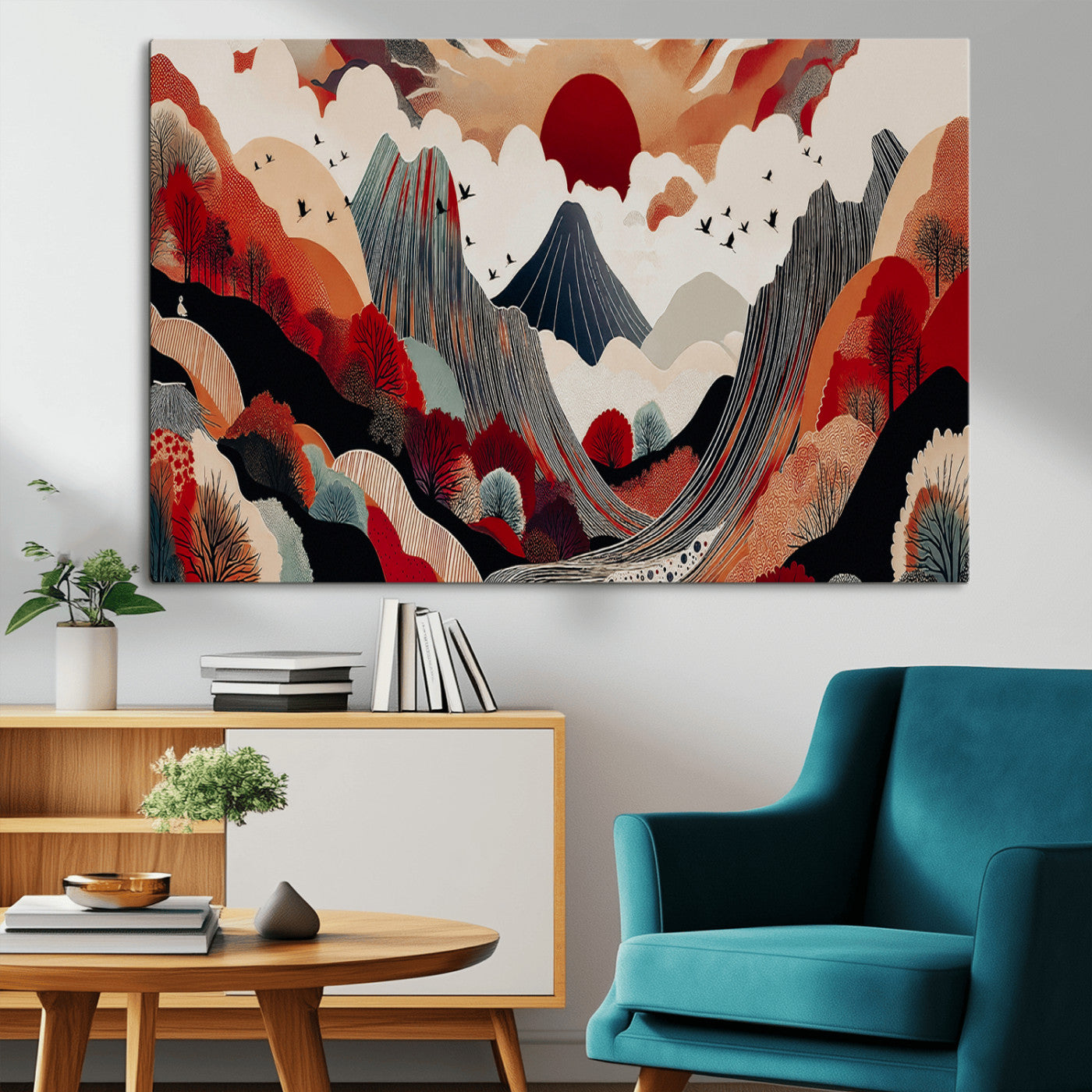 49034575-MGV-CV-36X24-Abstract Mountain Wall Art Canvas Print – Vibrant Stylized Landscape Colorful Peaks Nature Artwork for Home Office
