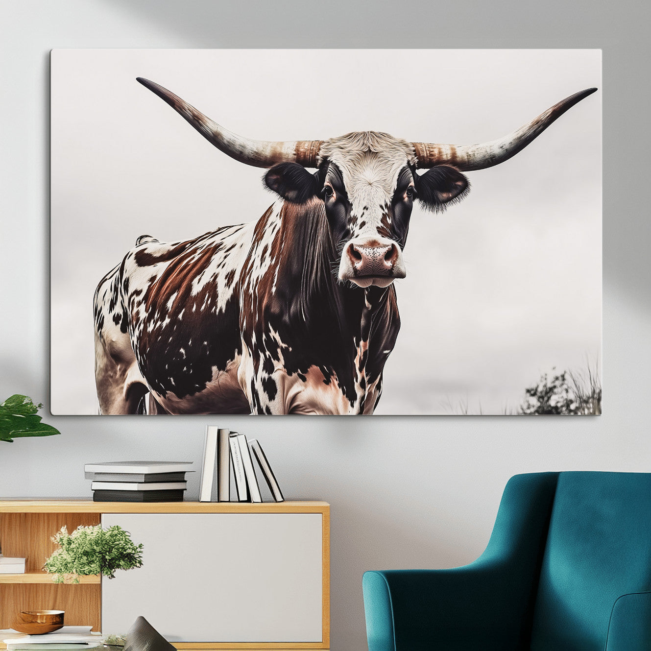 MGV-CV-36X24 - Texas Longhorn Wall Art Canvas Print, Framed Spotted Bull Art Picture Print, Horned Cattle Perfect Rustic Farmhouse Decor Artwork