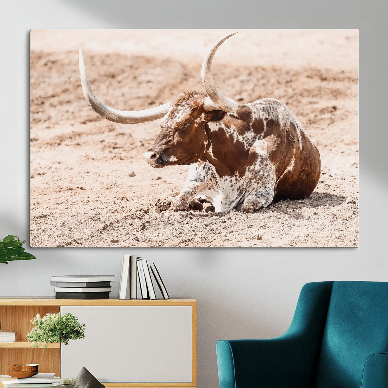 91248682-MGV-CV-36X24-Texas Longhorn Wall Art Canvas Print – Framed Resting Bull Scene with Spotted Cattle Artwork for Home, Office