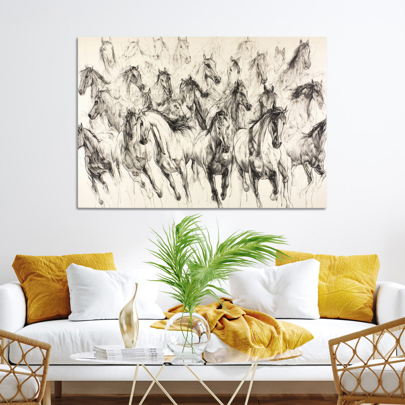 19433417-MGV-CV-36X24-Running Horses Wall Art Canvas Print – Framed Galloping Herd Dynamic Equestrian Sketch Nature Artwork for Home Office