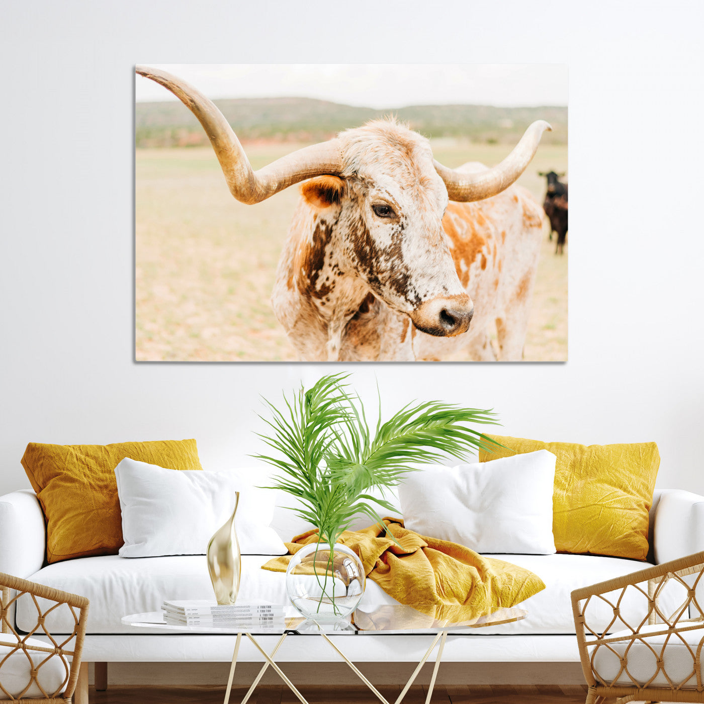 21060648-MGV-CV-36X24-Texas Longhorn Wall Art Canvas Print – Framed Speckled Cow Rustic Bull Western Farmhouse Animal Artwork for Home Office