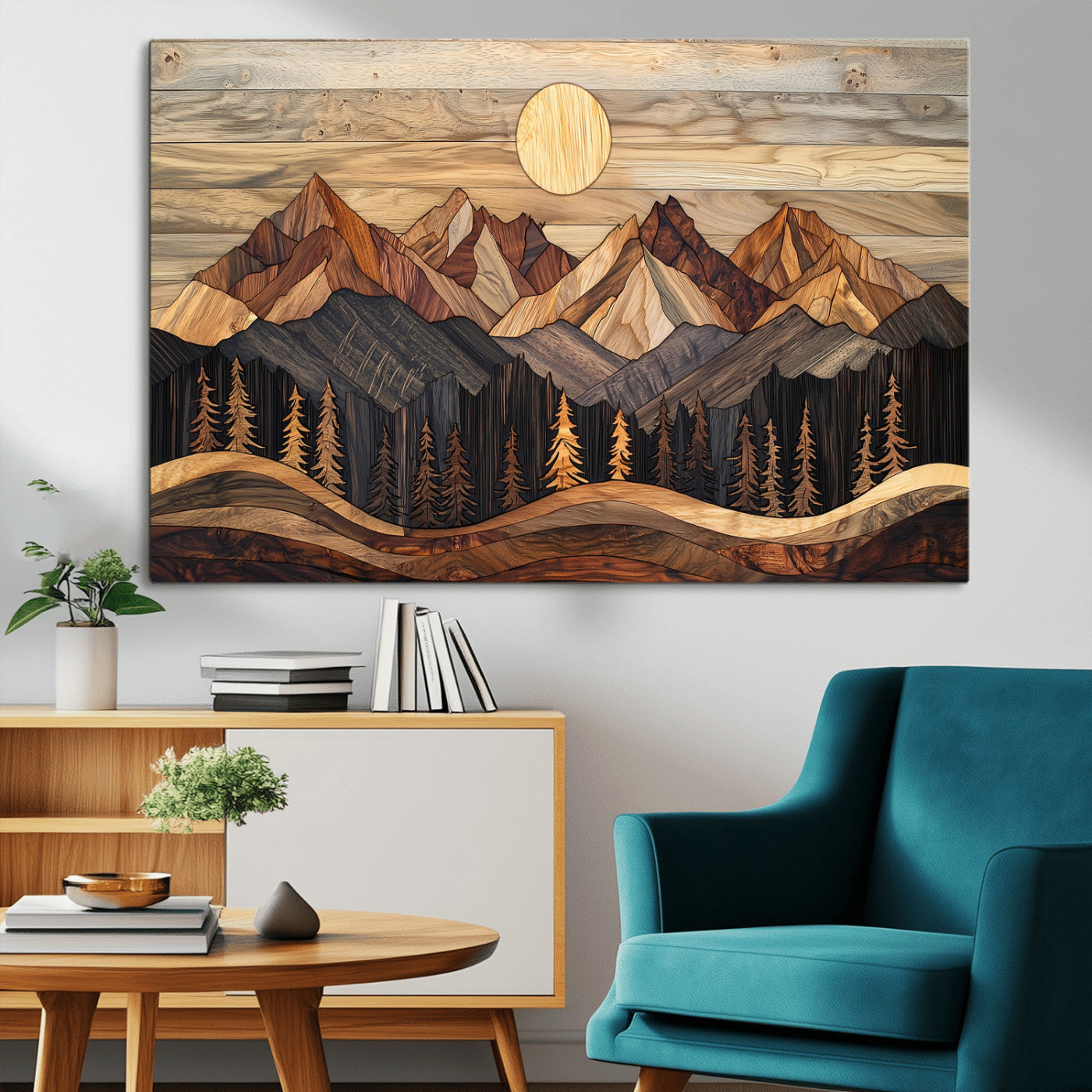 50100230-MGV-CV-36X24-Wood Mountain Wall Art Canvas Print – Framed Boho Abstract Woodland Rustic Farmhouse Geometric Artwork for Home Office
