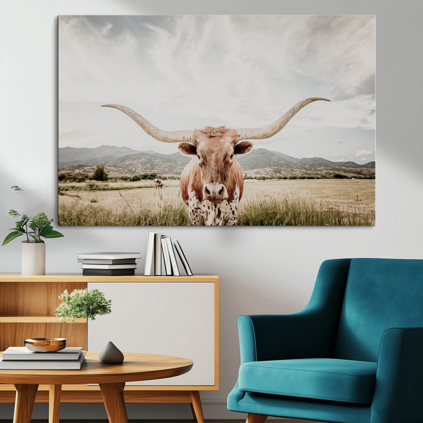 80054319-MGV-CV-36X24-Texas Longhorn Wall Art Canvas Print – Framed Western Cow Scene with Rustic Farmhouse Artwork for Home, Office