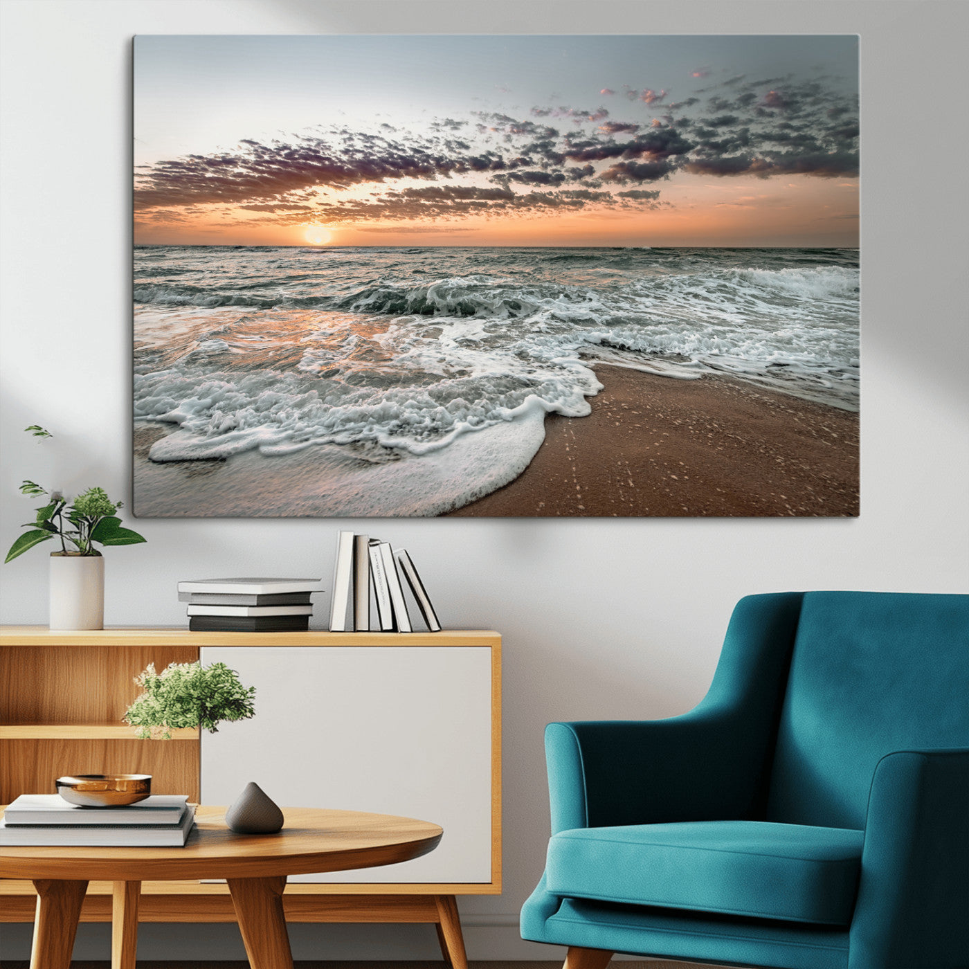 40632752-MGV-CV-36X24-Ocean Sunset Wall Art Canvas Print – Framed Beach Waves Scene with Coastal Artwork for Home, Office, Living Room