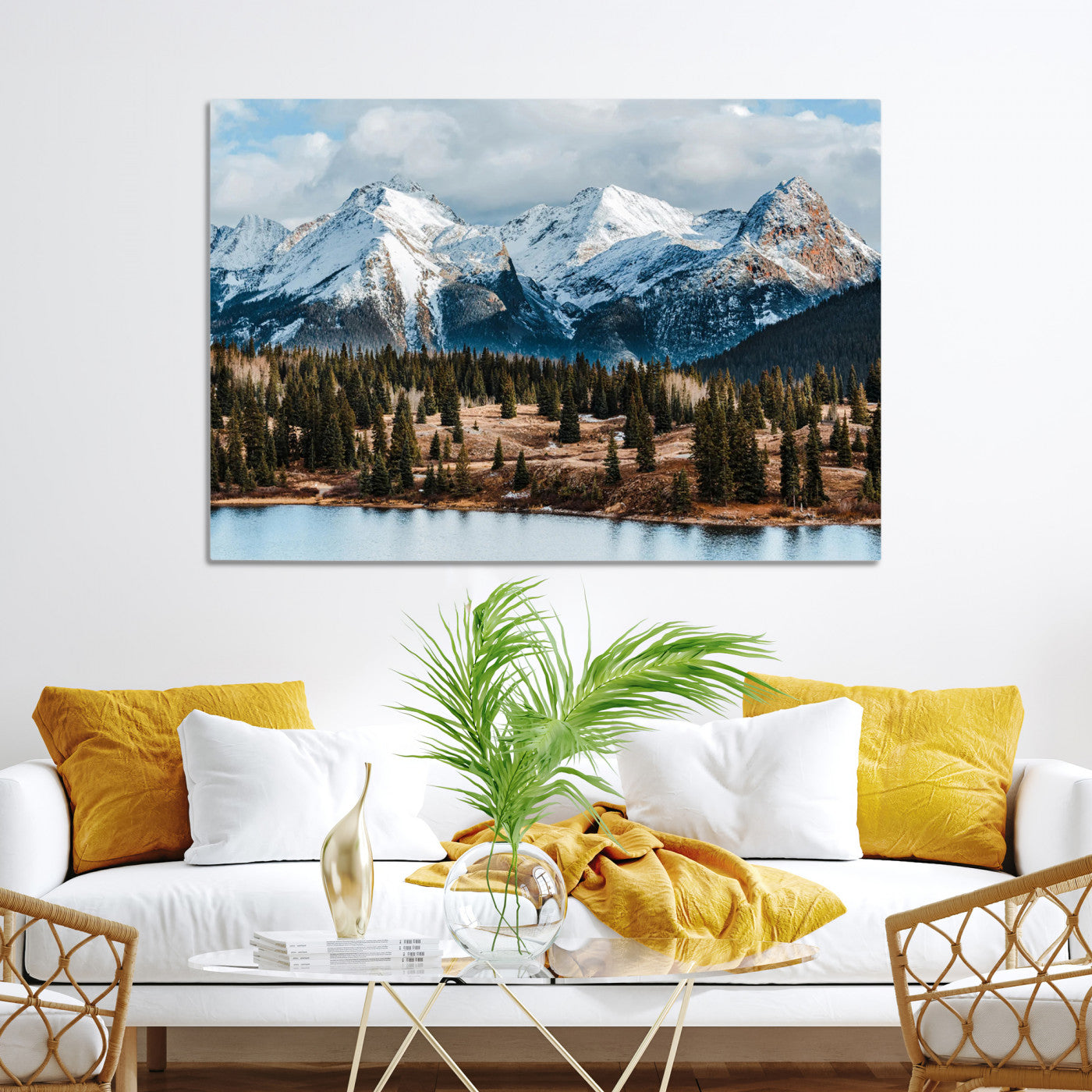 -Snowy Peaks Wall Art Canvas Print, Framed Alpine Lake Art Picture Print, Pine Forest Perfect Alpine