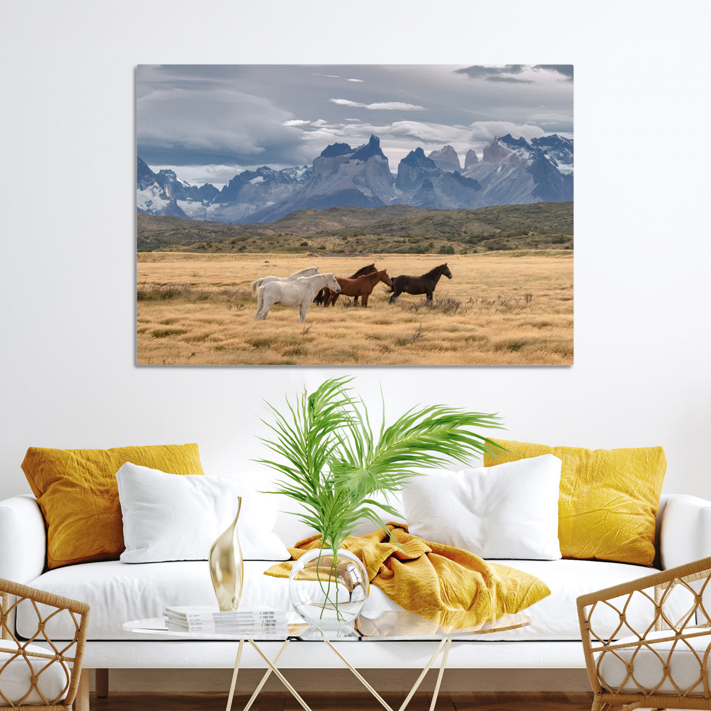 69960232-MGV-CV-36X24-Horses Grazing Wall Art Canvas Print – Framed Mountain Field Scenic Landscape Cloudy Sky Nature Artwork for Home Office