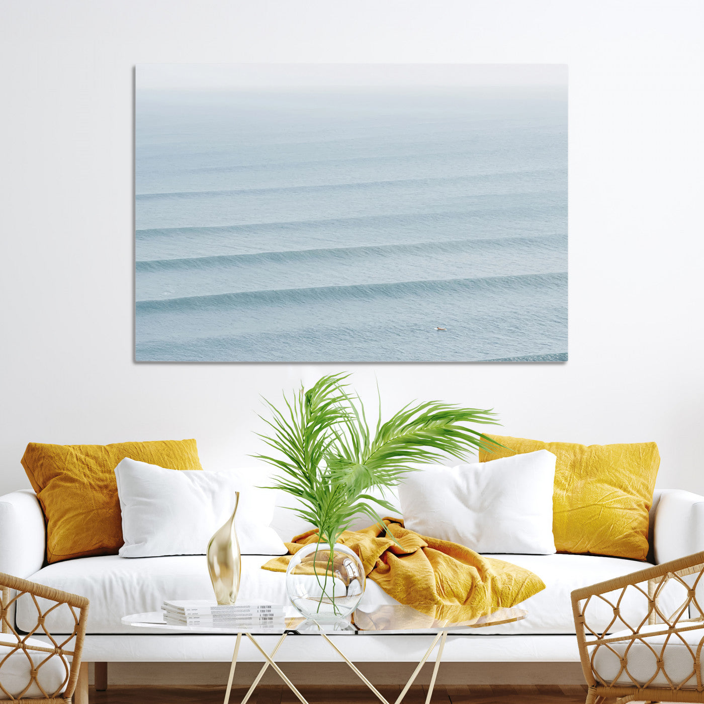 -Ocean Waves Wall Art Canvas Print, Framed Solo Surfer Art Picture Print, Wave Lines Perfect