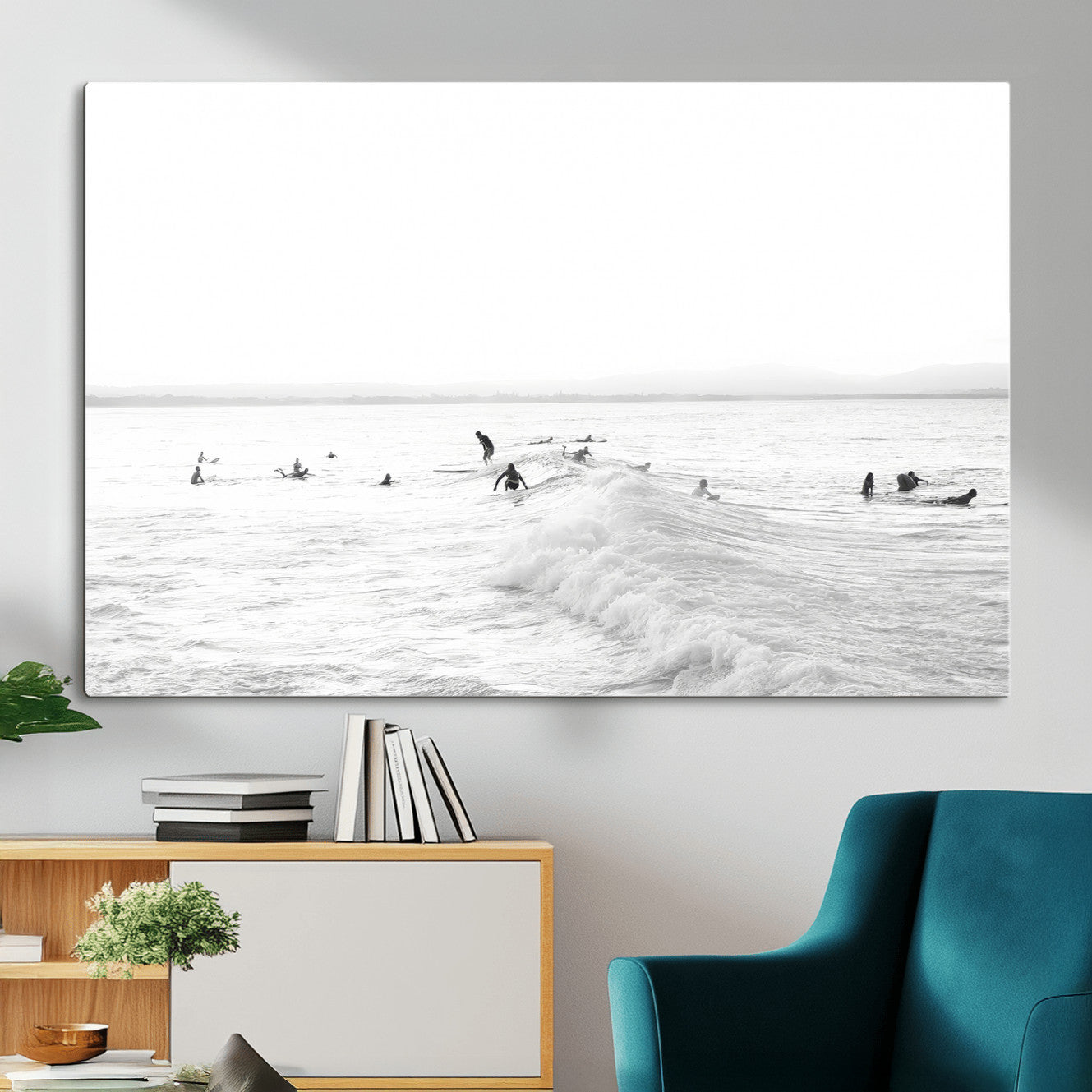 33449548-MGV-CV-36X24 - Surf Crowd Motion Wall Art – Active Surfers & Ocean Waves Canvas Print, Dynamic Water and Coastal Horizon for Living Room or Sea Adventure Decor