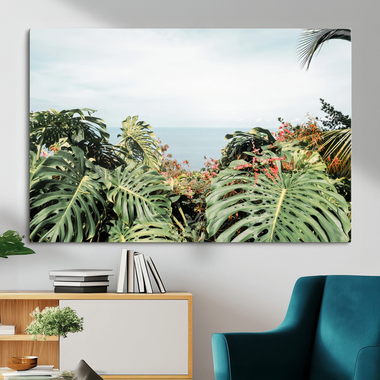 45700479-MGV-CV-36X24 - Tropical Greenery Wall Art – Exotic Leaves & Ocean View Canvas Print, Sunlit Paradise and Vibrant Nature for Living Room or Coastal Decor