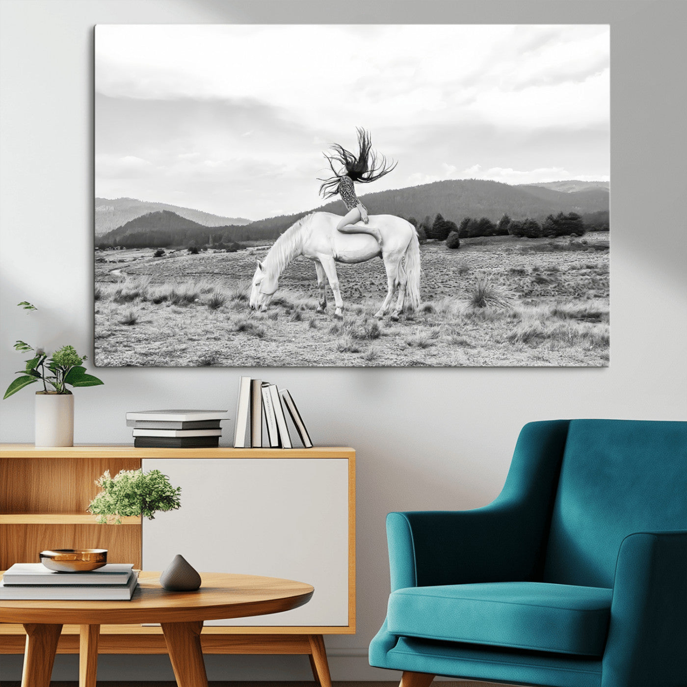 -White Horse Wall Art Canvas Print, Framed Woman Rider Art Picture Print, Equestrian Pose Perfect Western Boho Decor Artwork