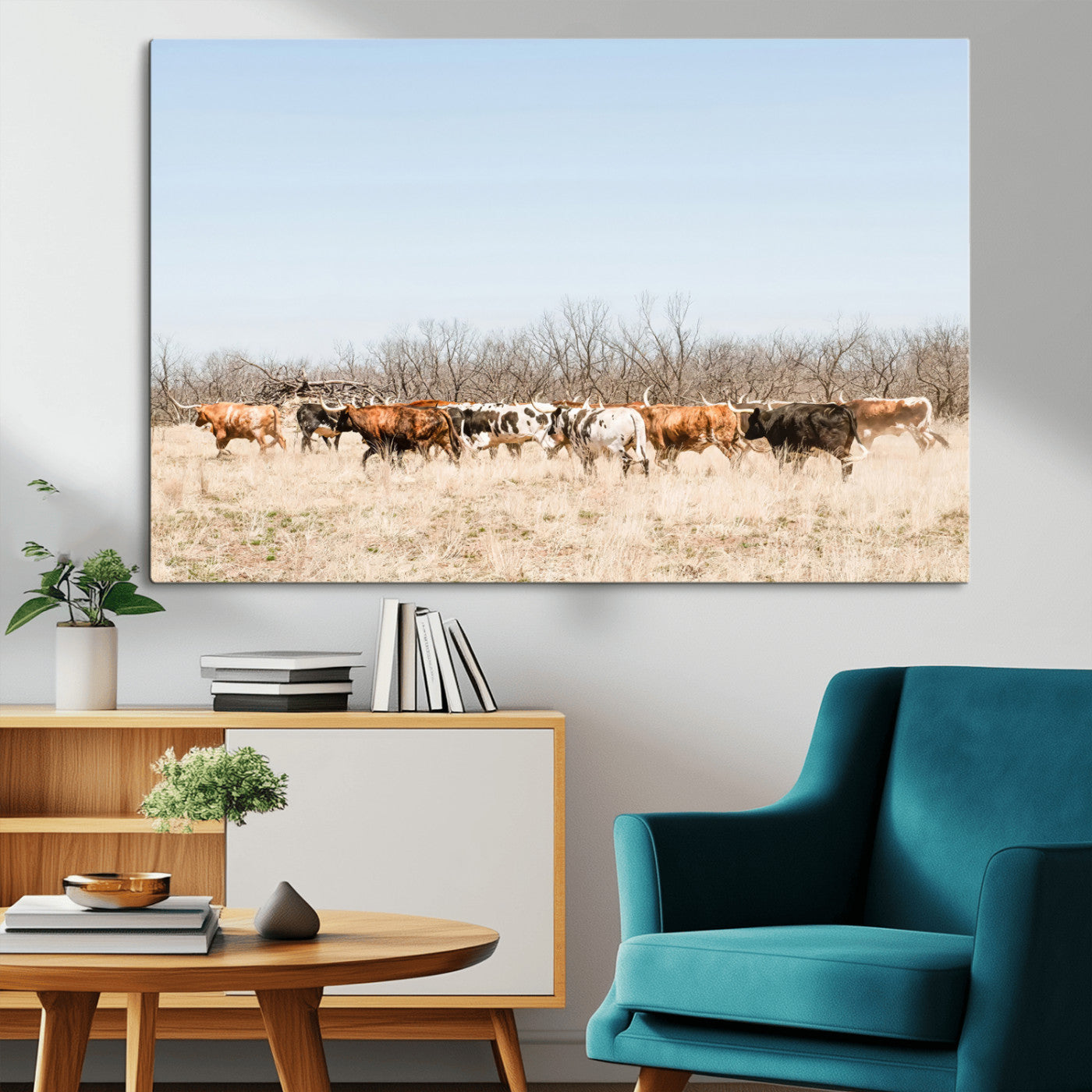 -Texas Longhorns Wall Art Canvas Print, Framed Western Cattles Art Picture Print, Rustic Herd Perfect Rustic Farmhouse Decor Artwork