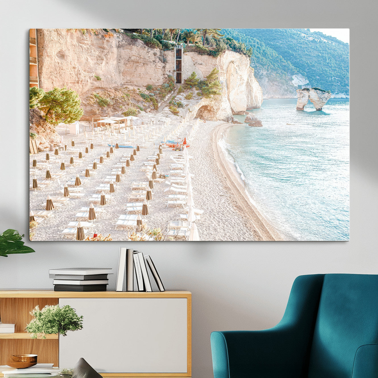 84816639-MGV-CV-36X24 - Sunny Beach Wall Art – Chairs & Umbrellas Canvas Print, Clear Water, Rocky Cliffs, Coastal Calm for Living Room or Vacation Home Decor
