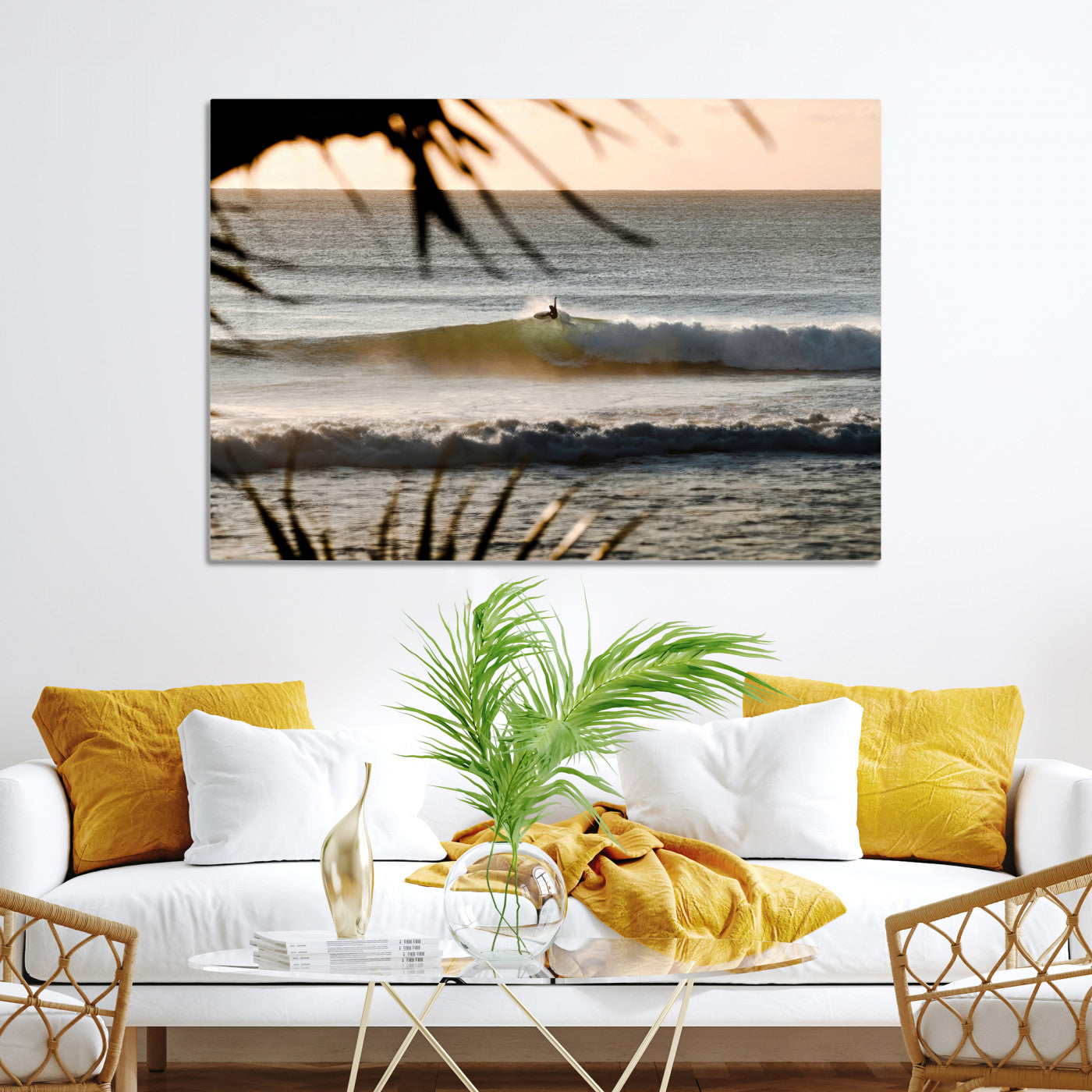 -Sunset Surf Wall Art Canvas Print, Framed Golden Hour Art Picture Print, Waves Perfect Boho Decor,