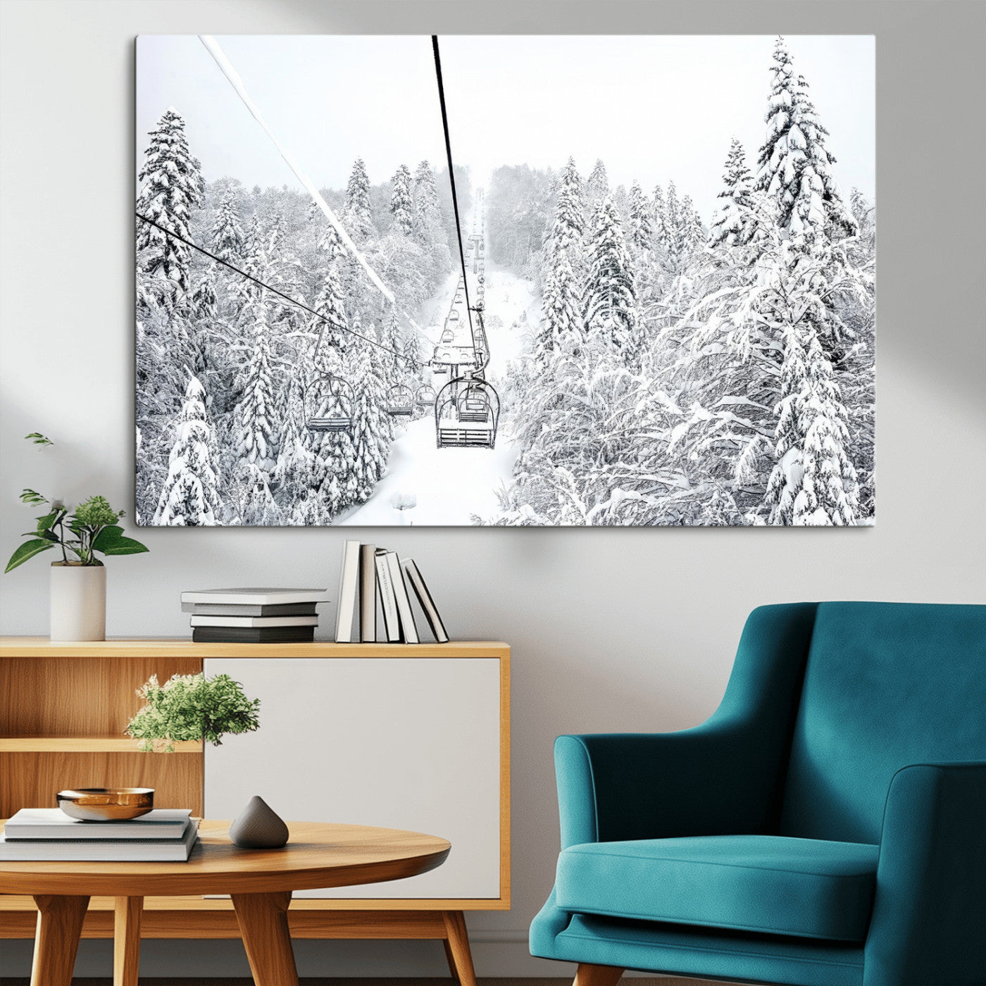 44705668-MGV-CV-36X24-Snowy Ski Lift Wall Art – Framed Winter Mountain Canvas Artwork, Serene Forest Design, Modern Nature Decor for Home, Office