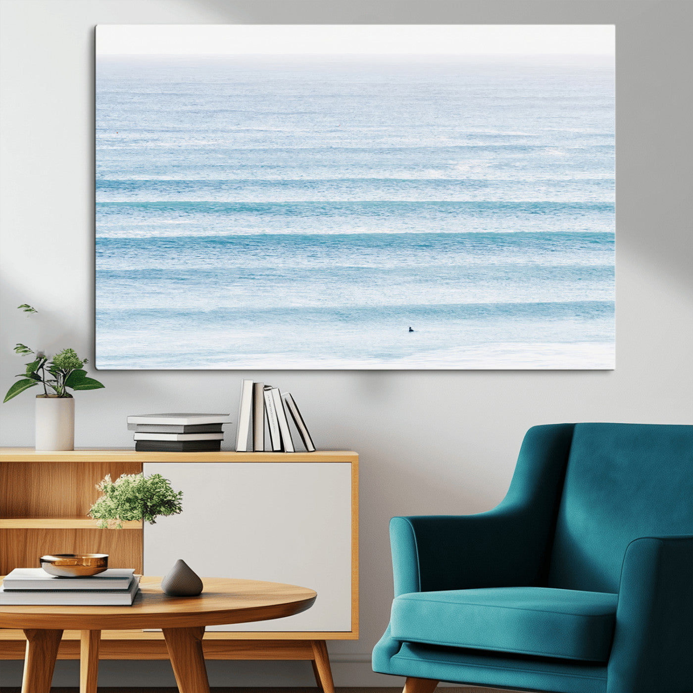 MGV-CV-36X24 - Ocean Simplicity Wall Art Canvas Print, Framed Surfer on Water Art Picture Print, Light Blue Perfect Coastal Minimalist Decor Artwork