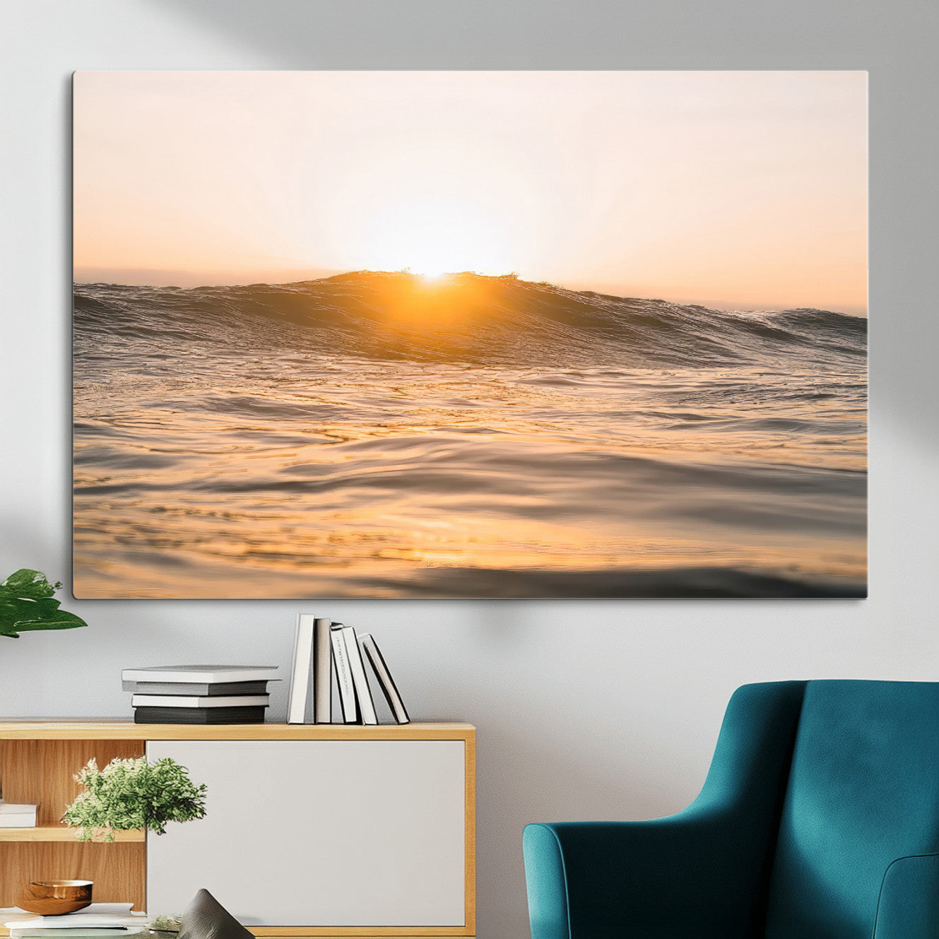 16973771-MGV-CV-36X24-Calm Water Wall Art – Framed Sunset Waves Canvas Artwork, Coastal Warm Design, Minimal Ocean Decor for Home, Office