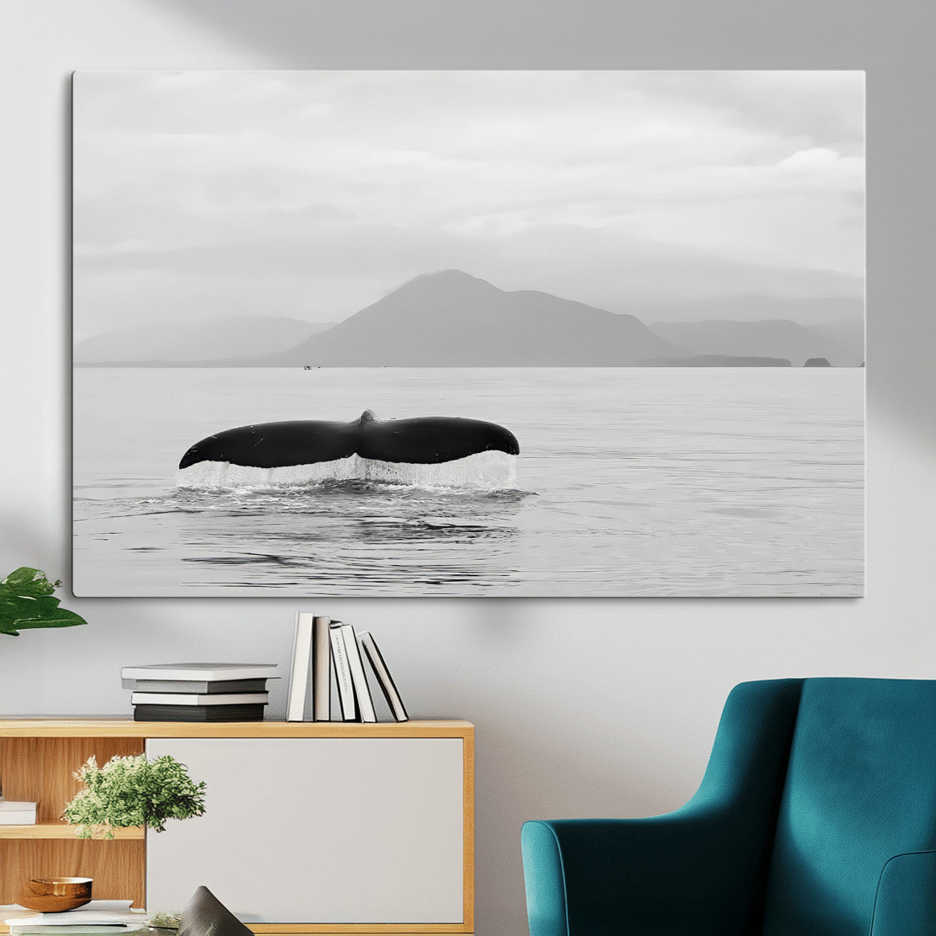 MGV-CV-36X24 - Whale Tail Wall Art Canvas Print, Framed Black White Ocean Art Picture Print, Calm Marine Perfect Minimalist Coastal Decor Artwork