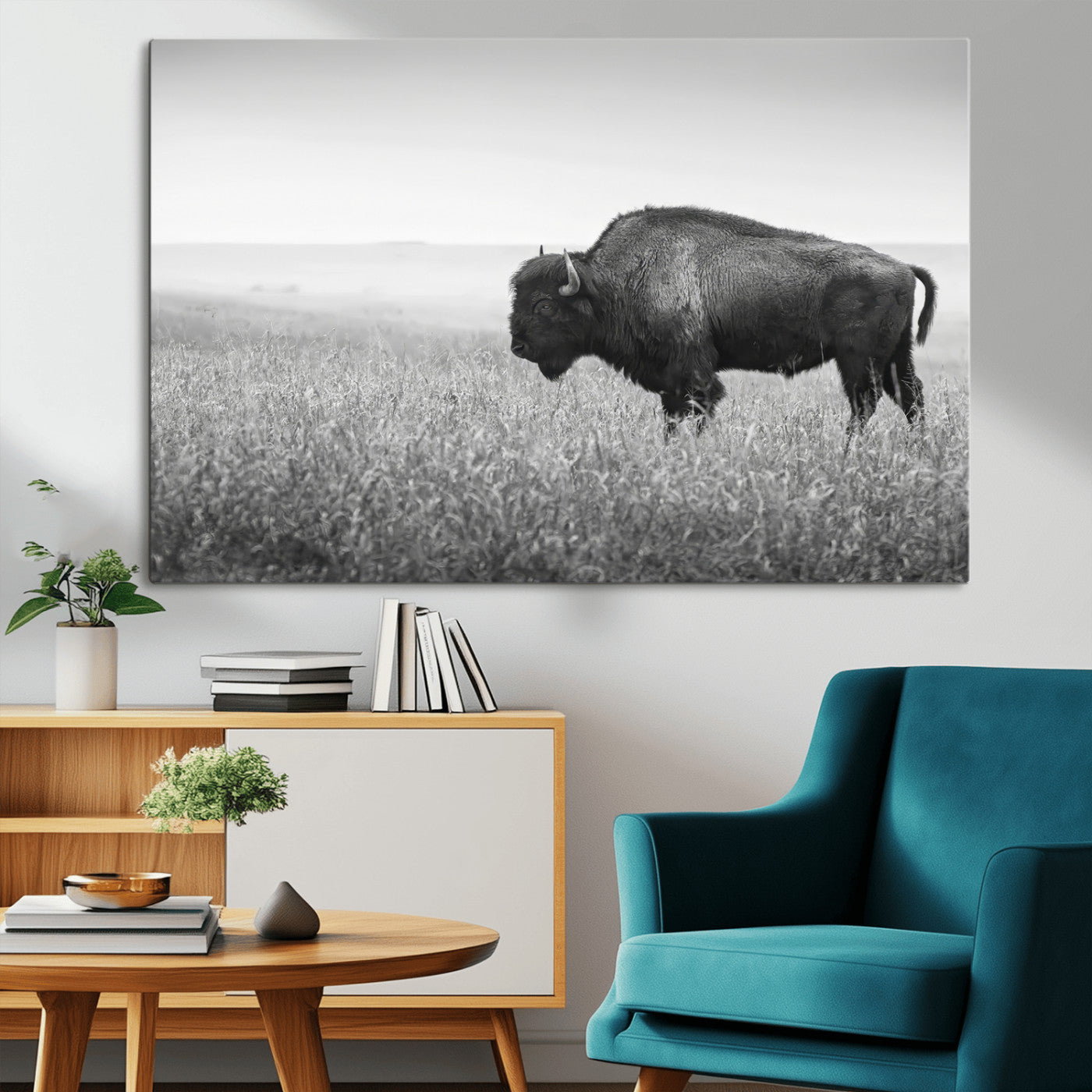 -Bison Wall Art Canvas Print – Framed Rustic Wildlife Scene with Wild Buffalo Artwork for Home, Office. Living Room