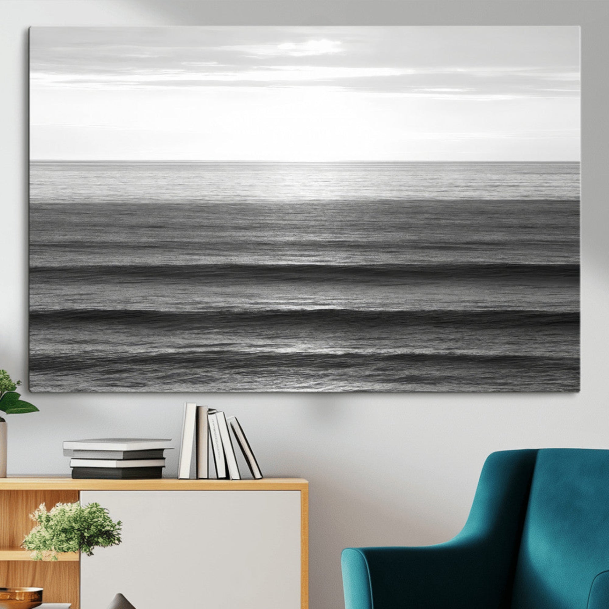 -Monochrome Ocean Wall Art Canvas Print – Framed Moody Ocean Scene with Calm Ocean Artwork for Home, Office, Living Room