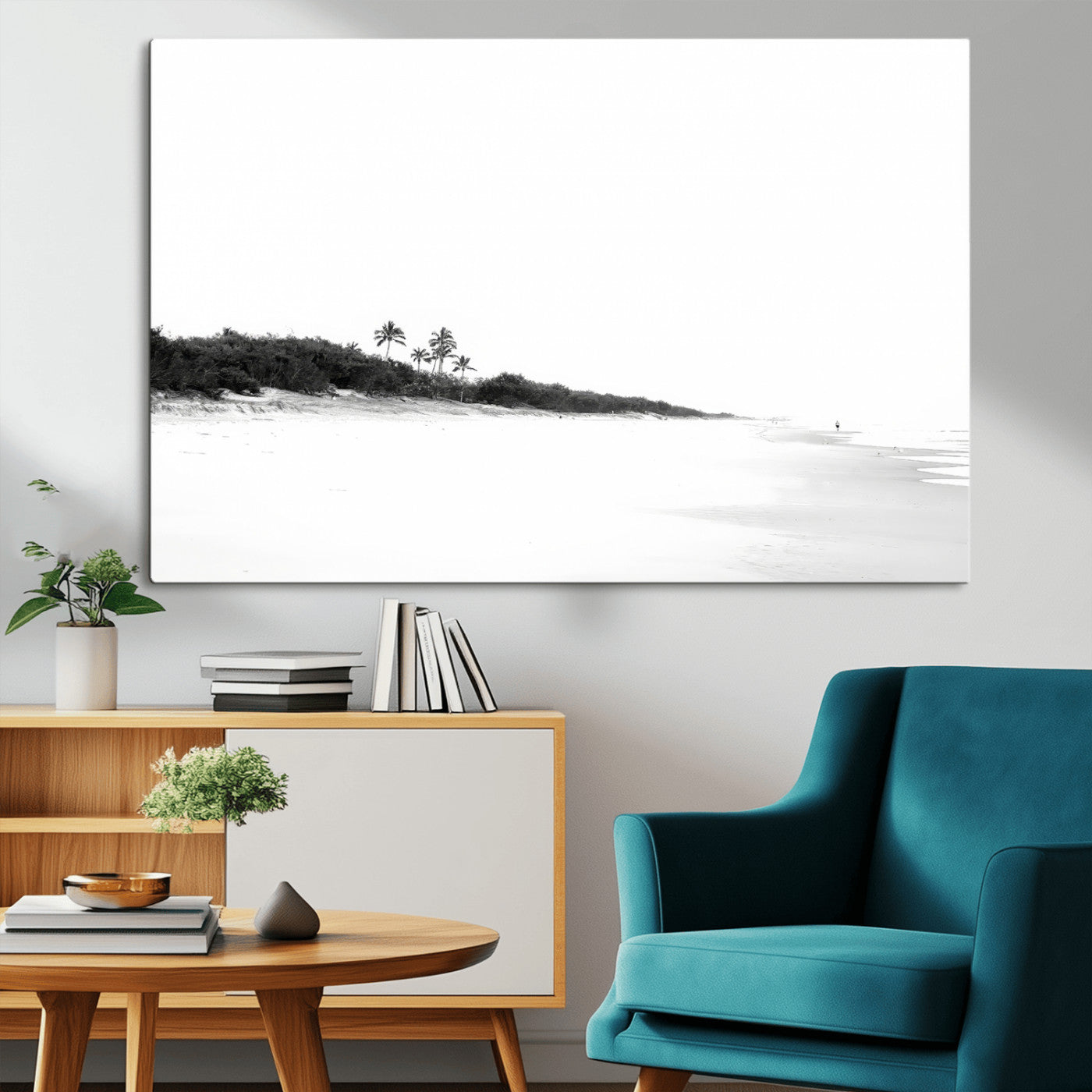 29611516-MGV-CV-36X24-Black White Beach Wall Art Canvas Print – Framed Palm Trees Art Picture Monochrome Tropical Artwork for Home, Office