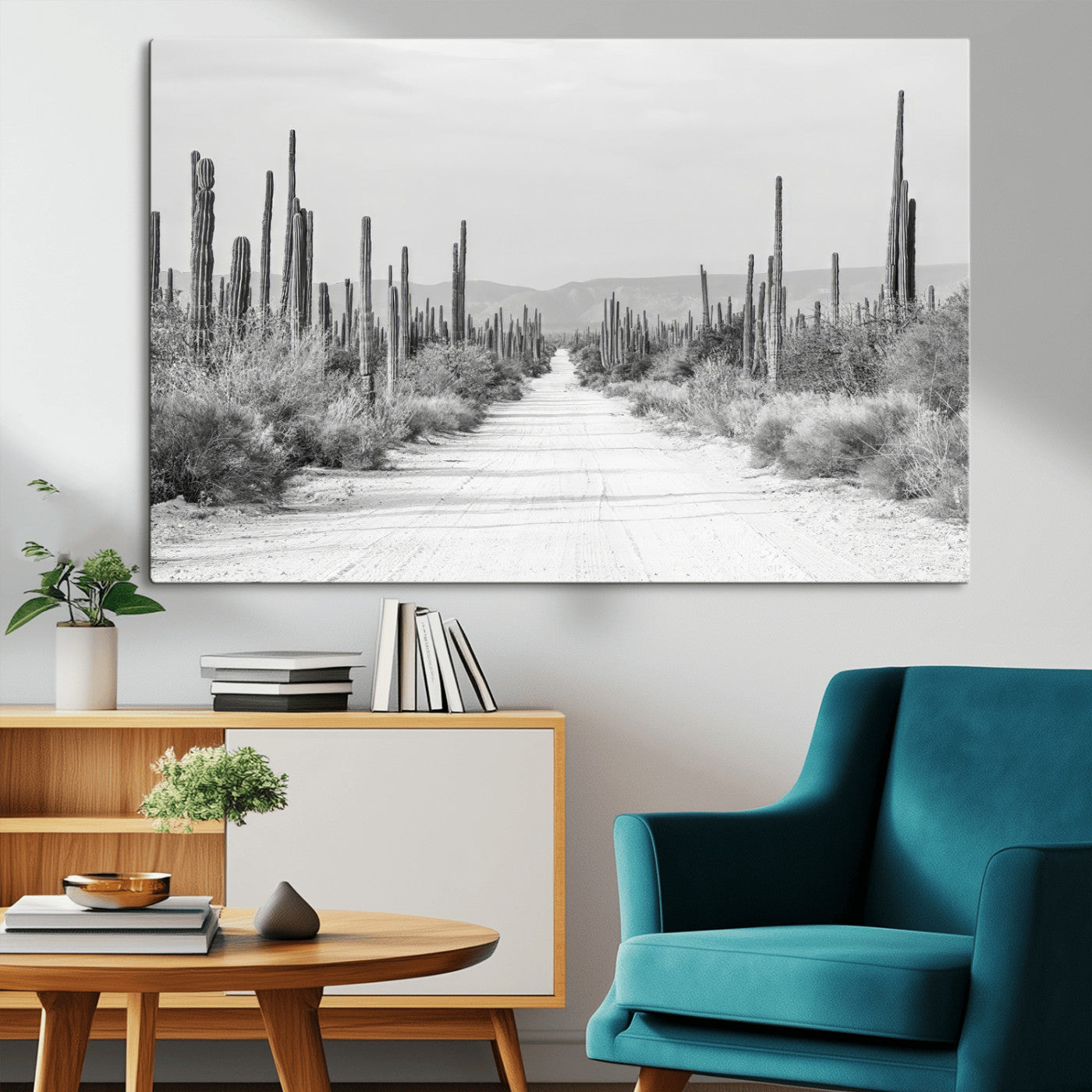 A black and white desert road stretching through a cactus-filled landscape, creating a rugged and timeless southwestern aesthetic with a sense of adventure.