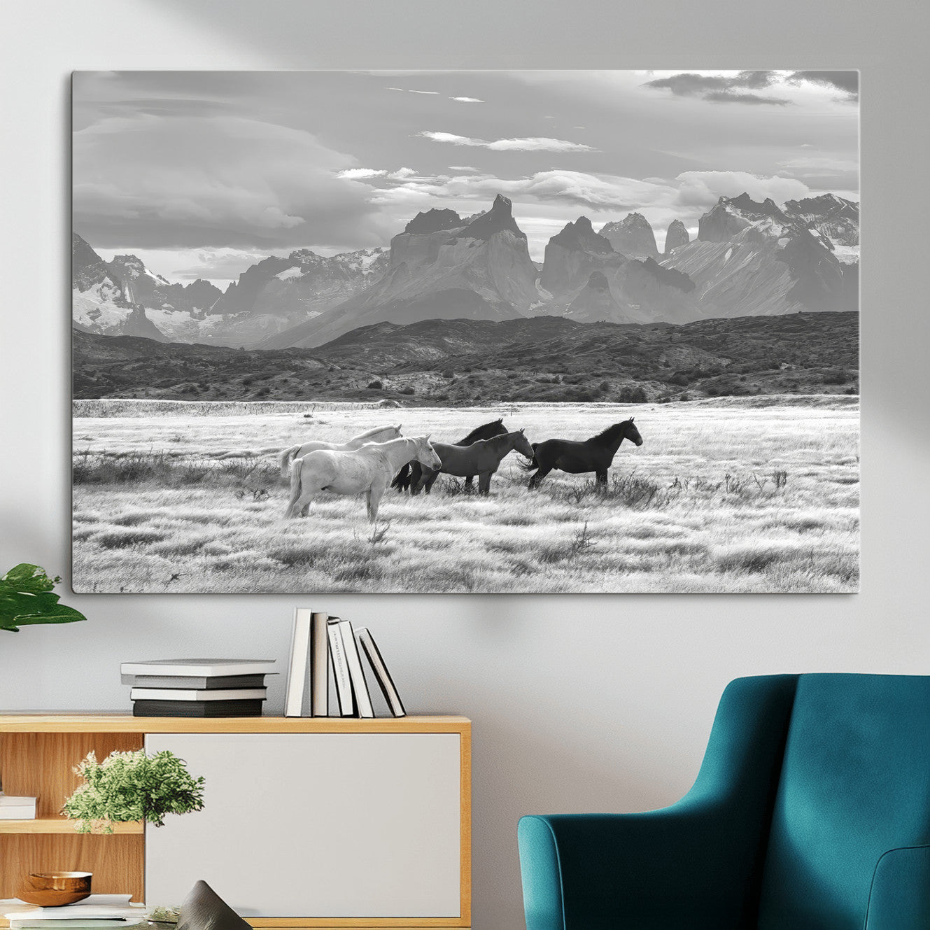MGV-CV-36X24 - Wild Horses Wall Art Canvas Print, Framed Black White Mountains Art Picture Print, Rustic Countryside Perfect Rustic Western Decor Artwork