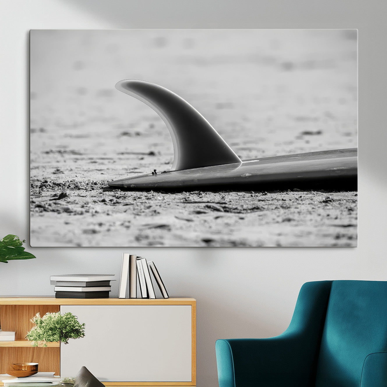 MGV-CV-36X24 - Black White Surfboard Wall Art Canvas Print, Framed Minimalist Beach Art Picture Print, Surf Fin Perfect Minimalist Coastal Decor Artwork