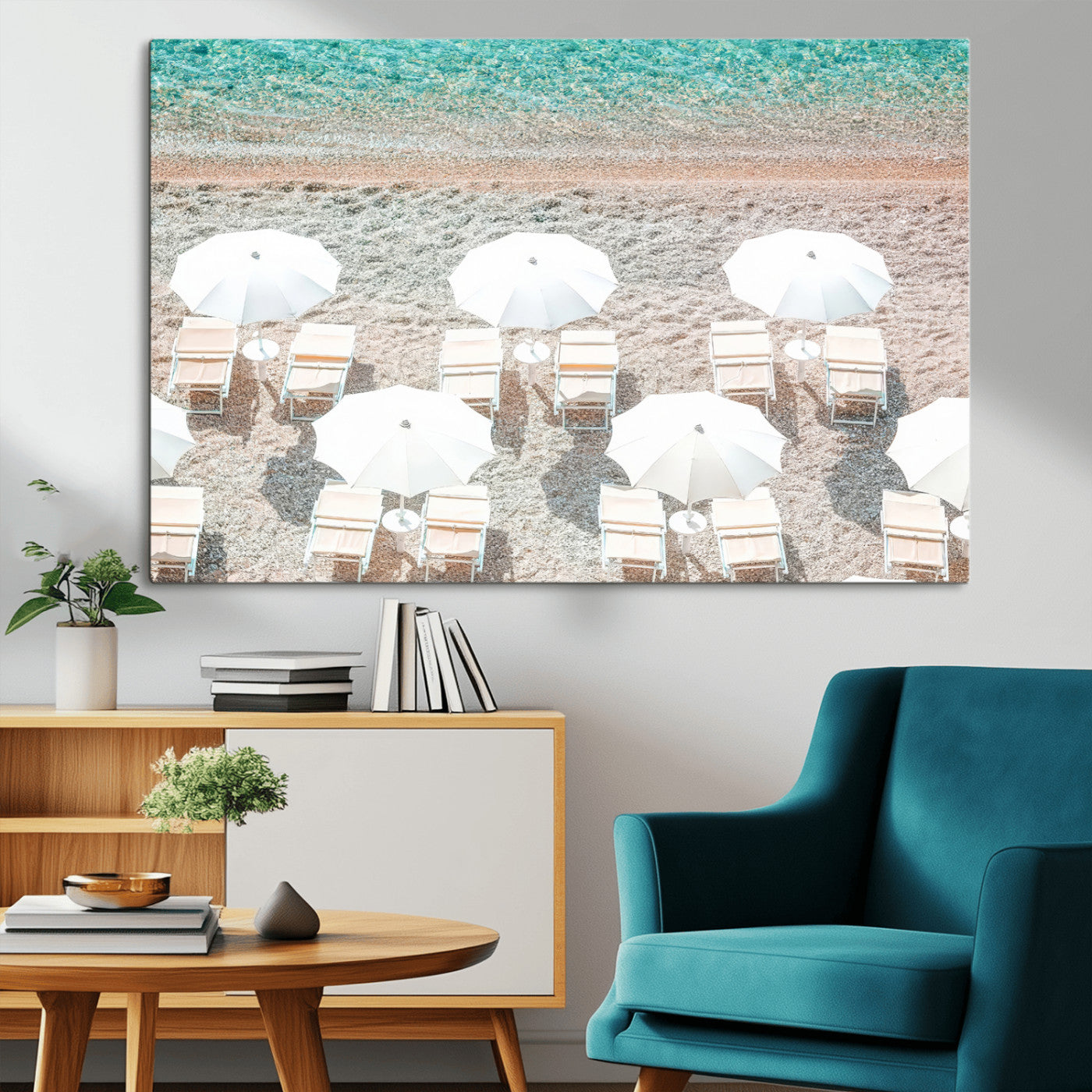 MGV-CV-36X24 - Calm Beach Wall Art Canvas Print, Framed Turquoise Water Art Picture Print, Umbrella Shoreline Perfect Coastal Minimalist Decor Artwork