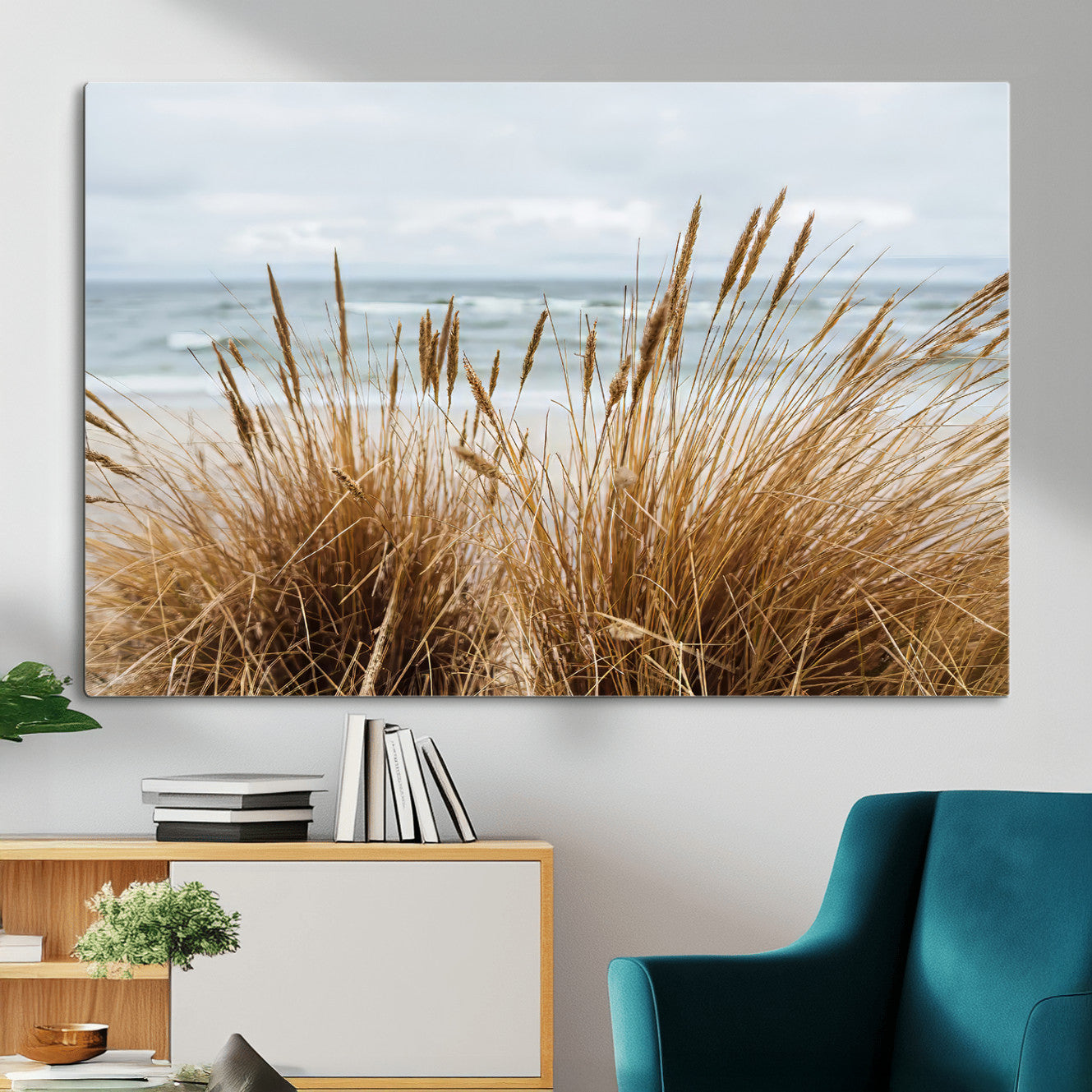 14270839-MGV-CV-36X24-Beach Grass Wall Art – Framed Coastal Dunes Canvas Artwork, Minimal Seaside Design, Modern Coastal Decor for Home, Office
