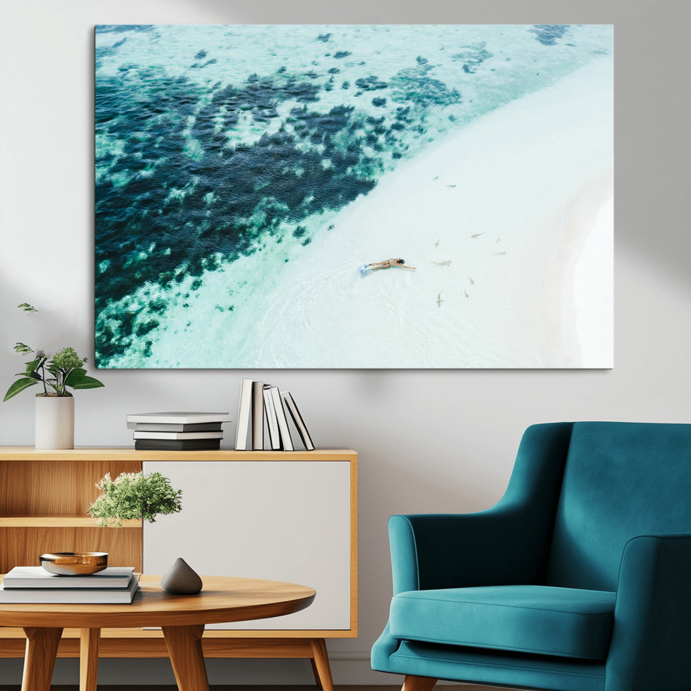33764764-MGV-CV-36X24-Minimal Beach Wall Art – Framed Ocean Swimming Canvas Artwork, Clear Blue Sea Design, Modern Coastal Decor for Home, Office