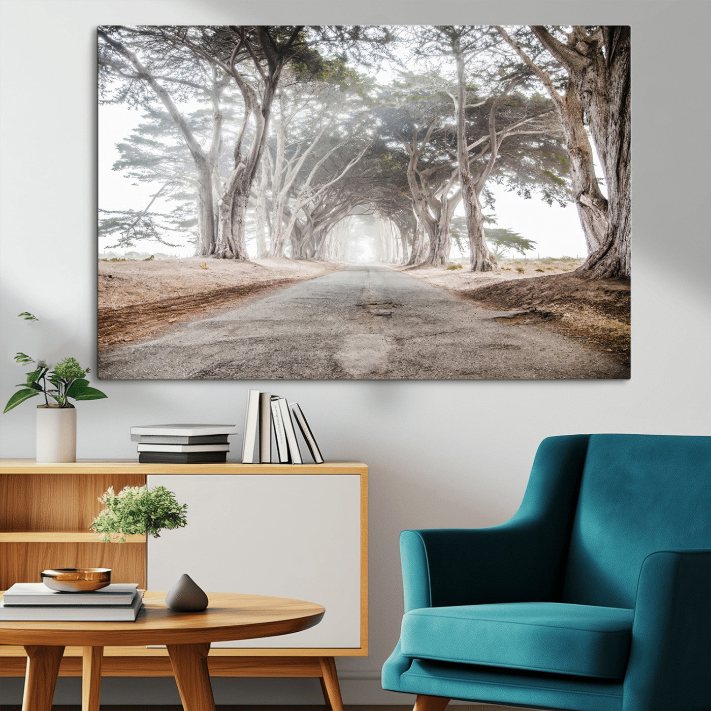 87090469-MGV-CV-36X24-Cypress Tunnel Wall Art – Framed Misty Road Canvas Artwork, Foggy Trees Design, Rustic Woodland Nature Decor for Home, Office