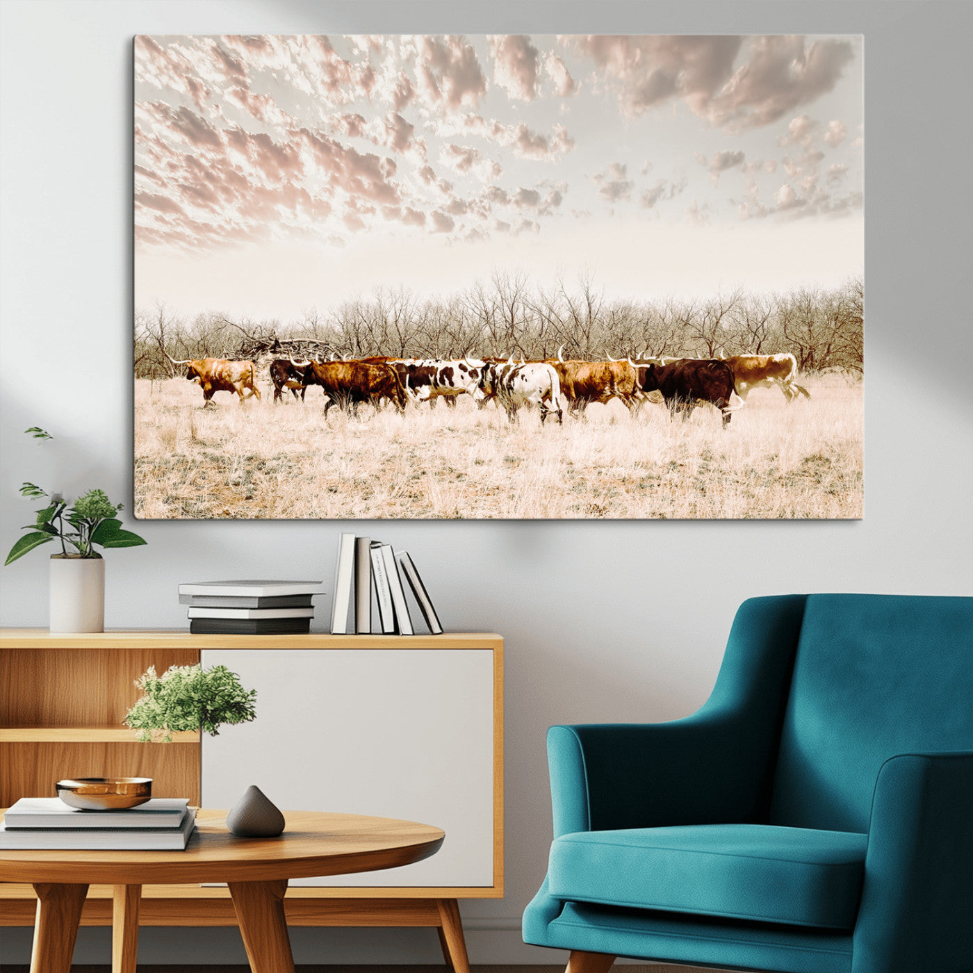 64892775-MGV-CV-36X24-Longhorn Cattle Wall Art Canvas Print – Framed Texas Ranch Scene with Western Cow Artwork for Home, Office