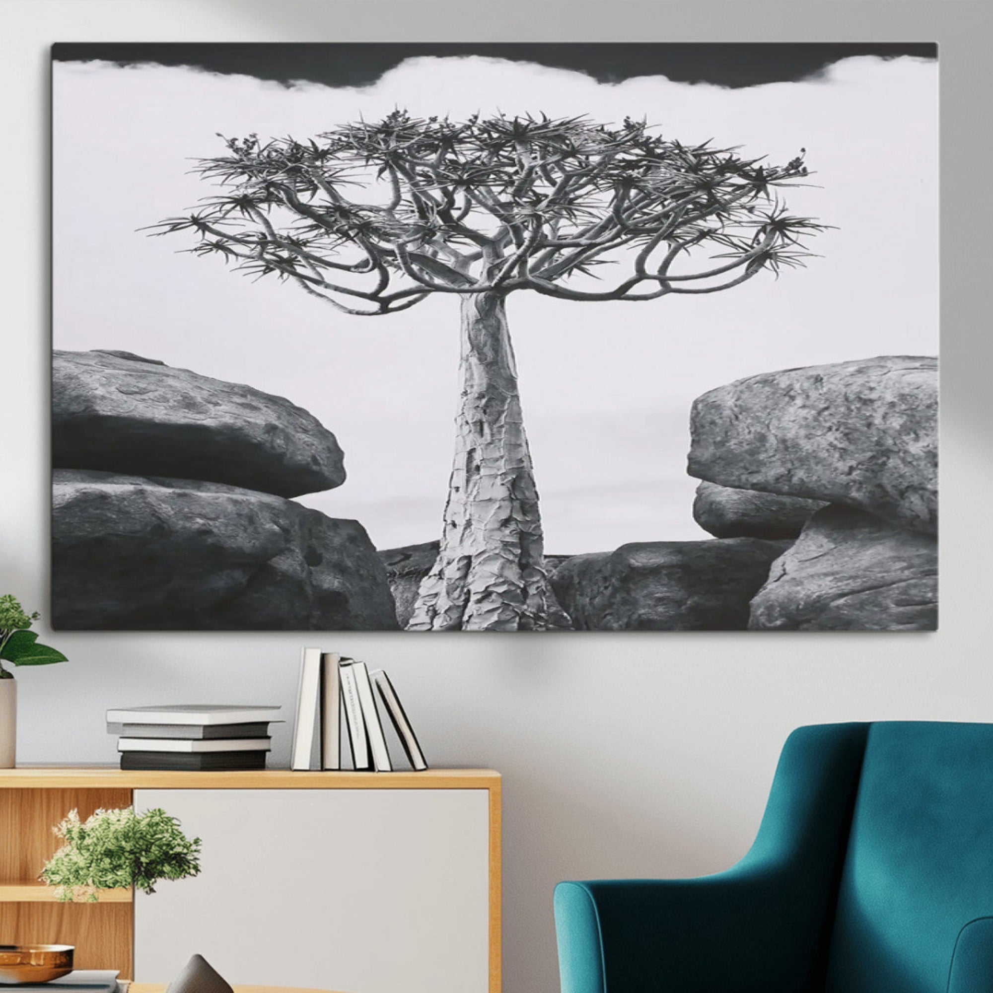 87750525-MGV-CV-36X24-Joshua Tree Wall Art Canvas Print – Framed Desert Tree Art Picture Monochrome Nature Artwork for Home, Office