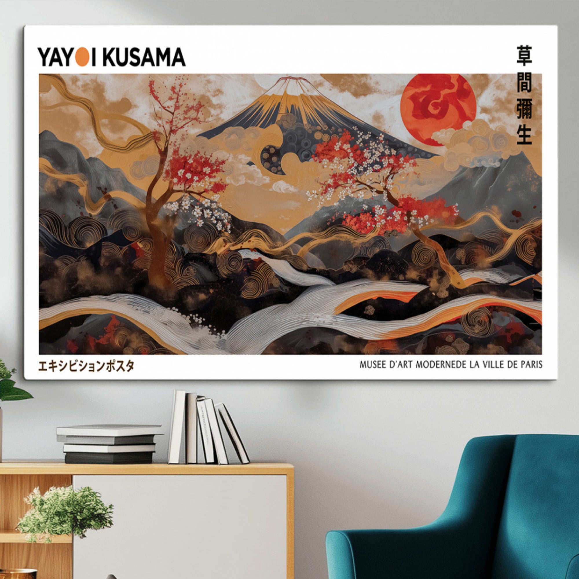 40959107-MGV-CV-36X24-Modern Japanese Wall Art Canvas Print – Framed Abstract Mount Fuji Scene Inspired Yayoi Kusama for Home, Office