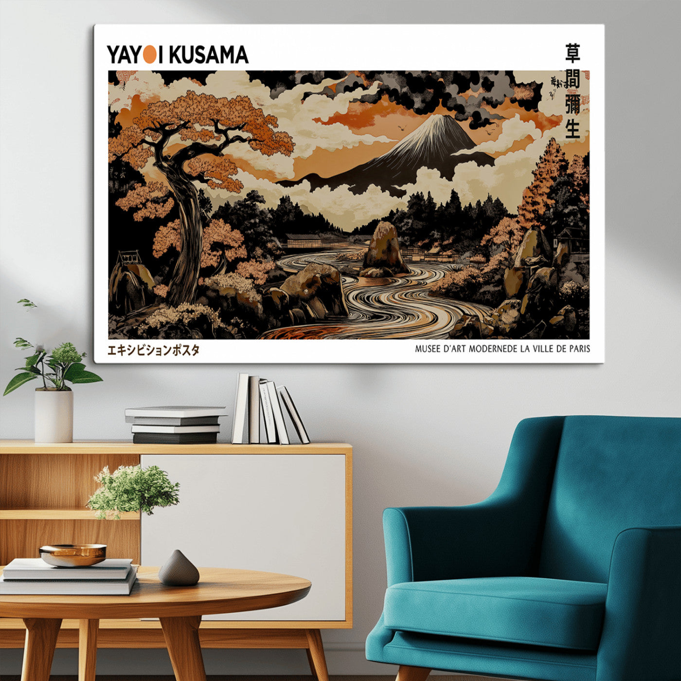 96372548-MGV-CV-36X24-Modern Japanese Wall Art Canvas Print – Framed Abstract Mount Fuji Scene with Yayoi Kusama Style Artwork for Home, Office