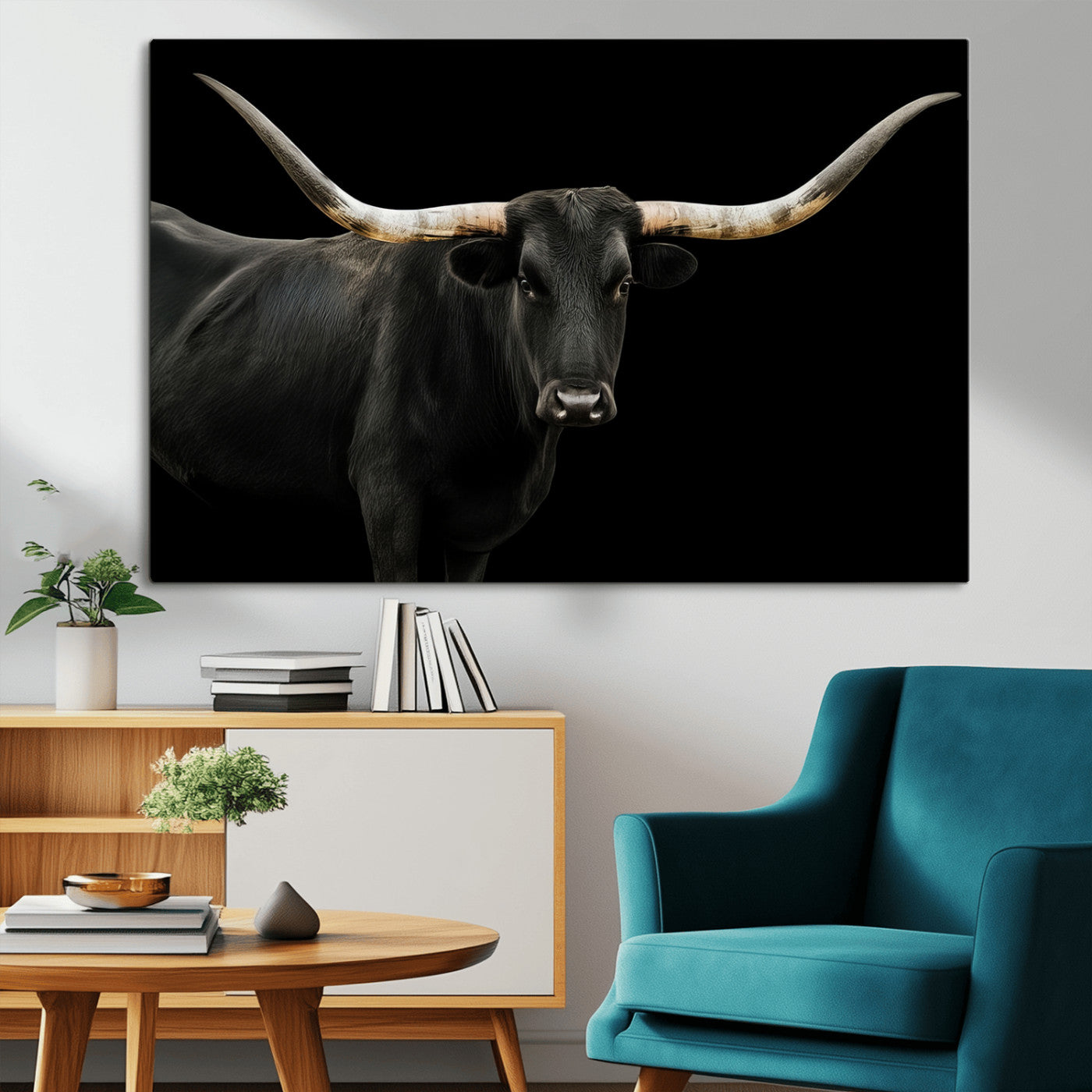 -Texas Longhorn Wall Art Canvas Print, Framed Rustic Western Art Picture Print, Farmhouse Animal Perfect Modern Western Minimalist Decor Artwork