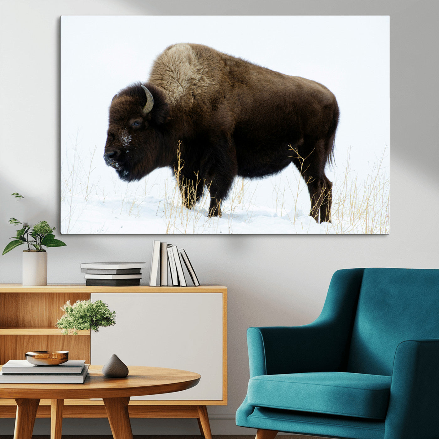 76778120-MGV-CV-36X24-Bison Wall Art Canvas Print – Framed Western Wildlife Buffalo Snow Rustic Nature Scene Artwork for Home Office