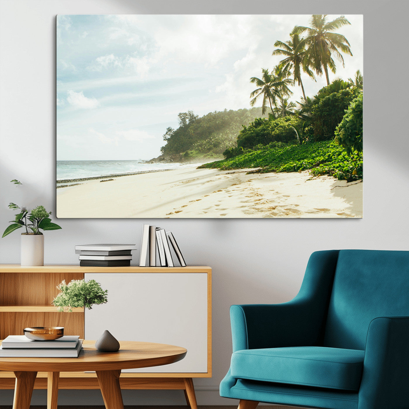 A tropical beach with palm trees, soft sand, and ocean waves under a bright sky, creating a peaceful and relaxing coastal view.
