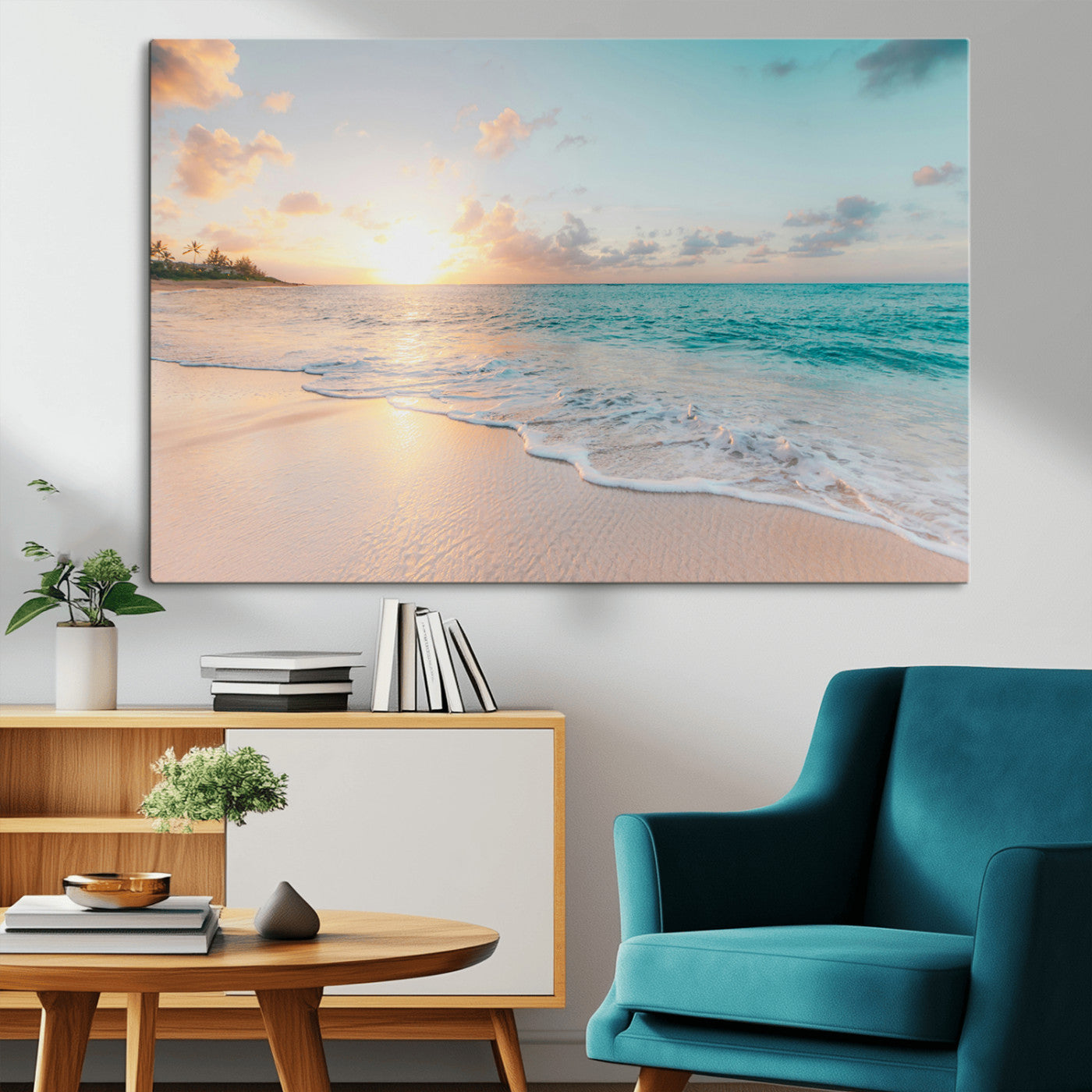 -Beach Sunset Wall Art Canvas Print – Framed Ocean Waves Summer Escape Coastal Nature Scene Artwork for Home Office