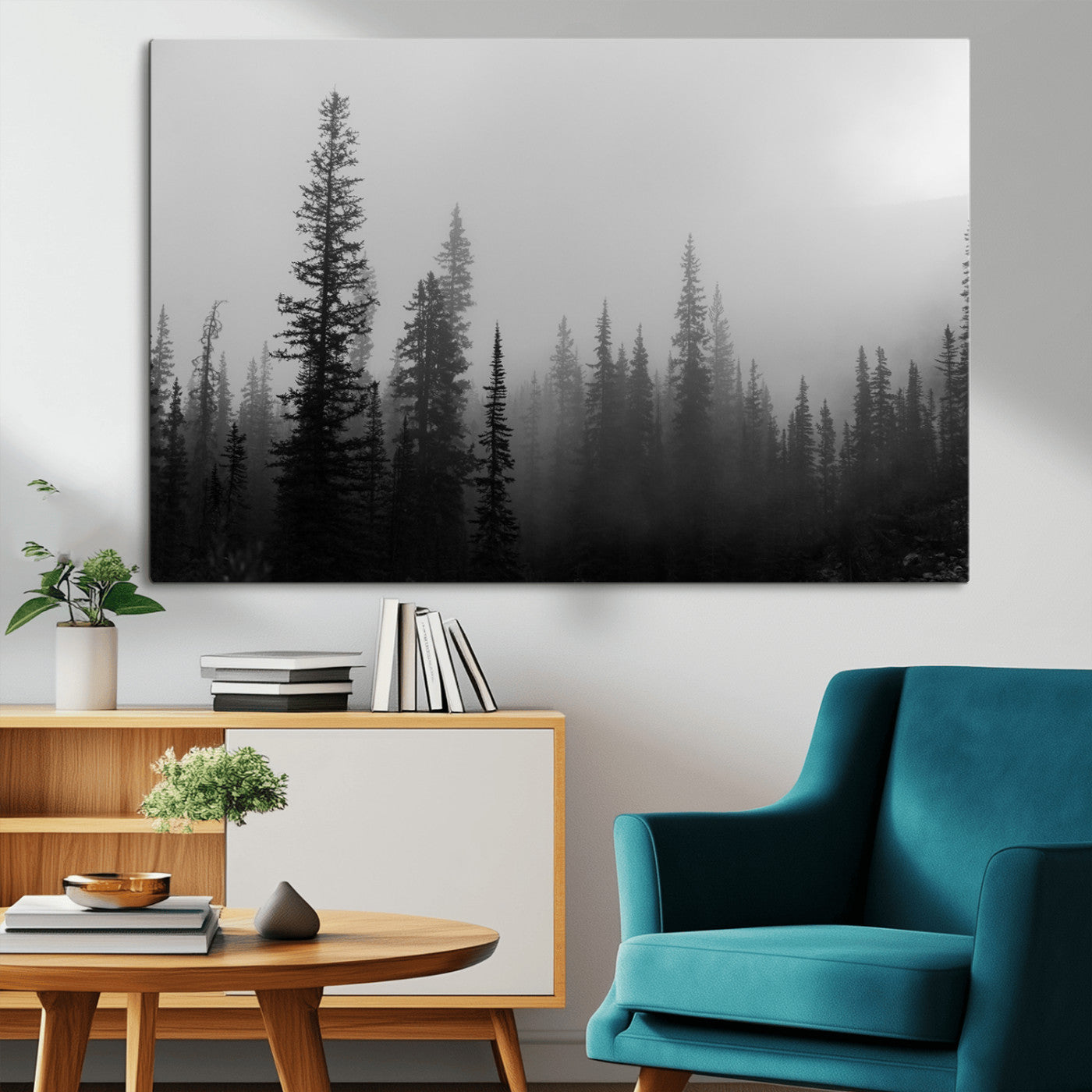 73138900-MGV-CV-36X24-Misty Pines Wall Art Canvas Print – Framed Woodland Minimalist Rustic Nature Scene Photography Artwork for Home Office