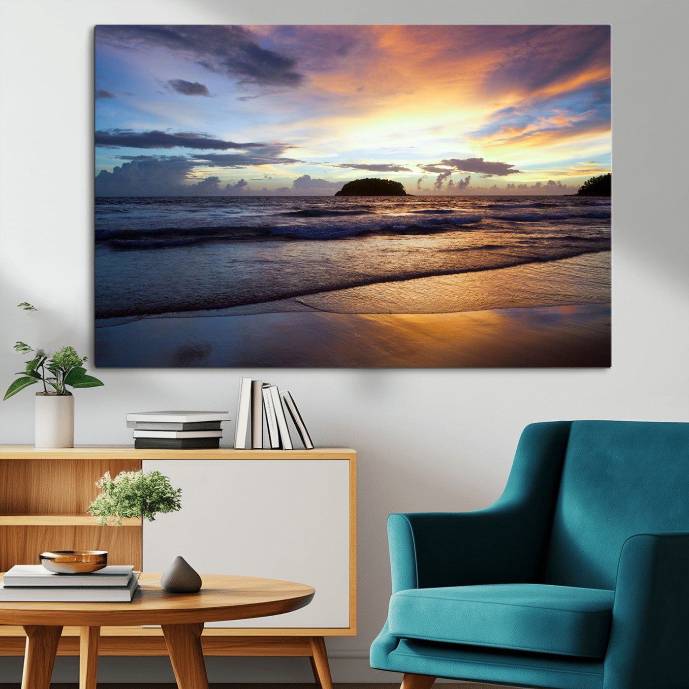 A tropical beach at sunset with waves gently washing ashore, reflecting golden and purple hues in the sky, creating a tranquil coastal scene.