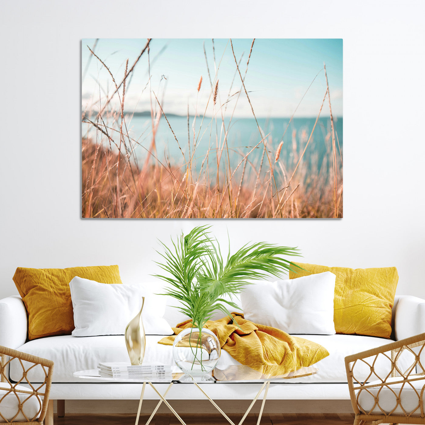 36108696-MGV-CV-36X24-Coastal Grass Landscape Wall Art Canvas Print – Golden Shoreline Nature Scene Serene Ocean View Artwork for Home Office