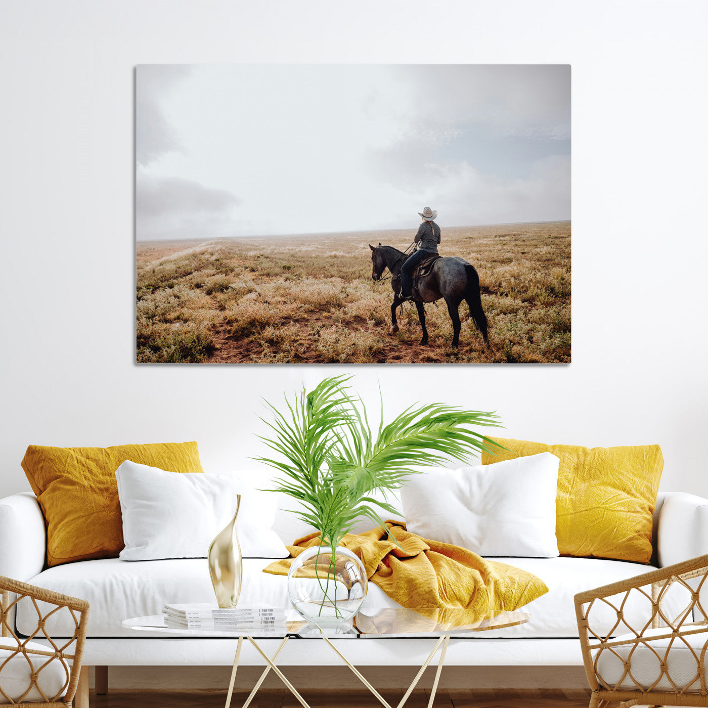 57597730-MGV-CV-36X24-Cowboy Wall Art Canvas Print – Framed Western Rustic Ranch Scene Country Landscape Artwork for Home Office