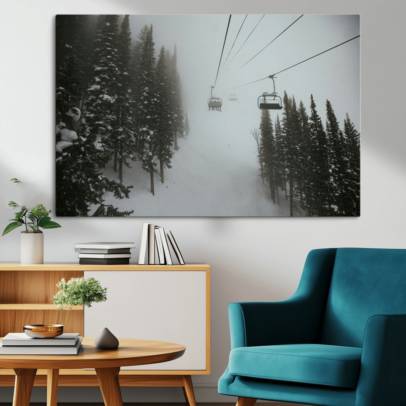 -Ski Lift Wall Art Canvas Print – Snowy Pines Misty Landscape Winter Serenity Artwork for Home, Office Decor